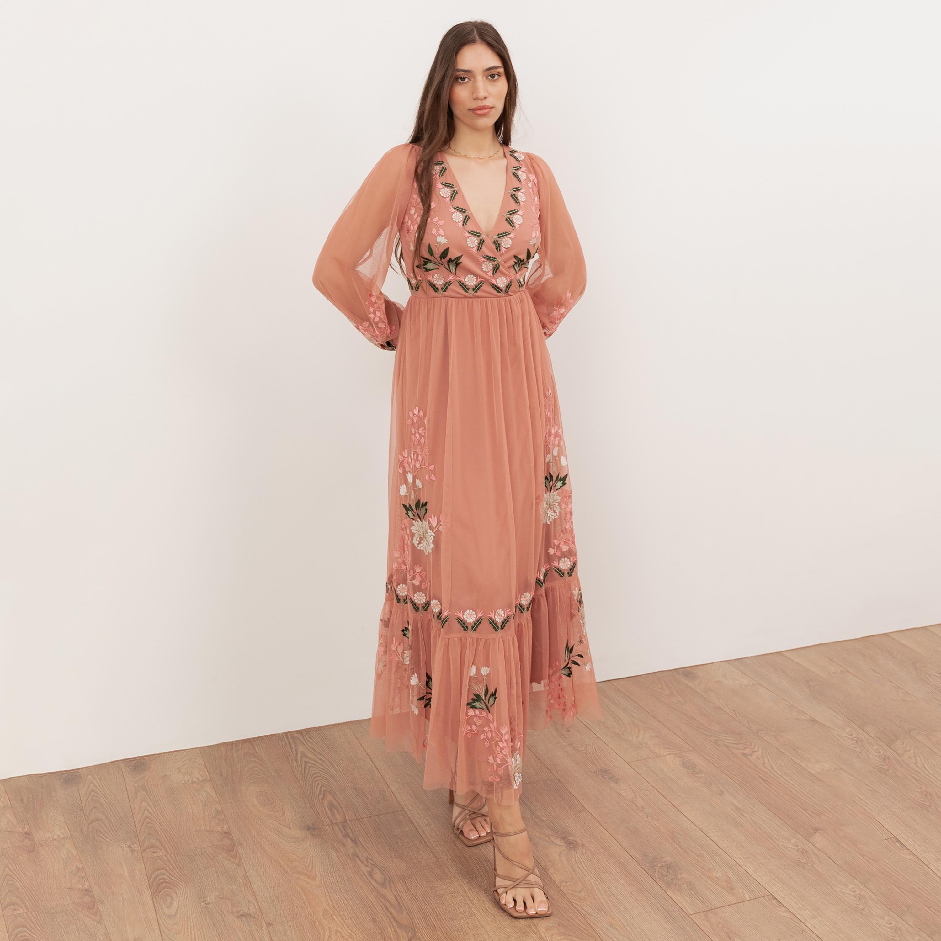 Maya Deluxe Blue Floral Embroidered Tulle Surplice Neck Fit & Flared Women's Midi Dress-women-clothing-dresses-image-3