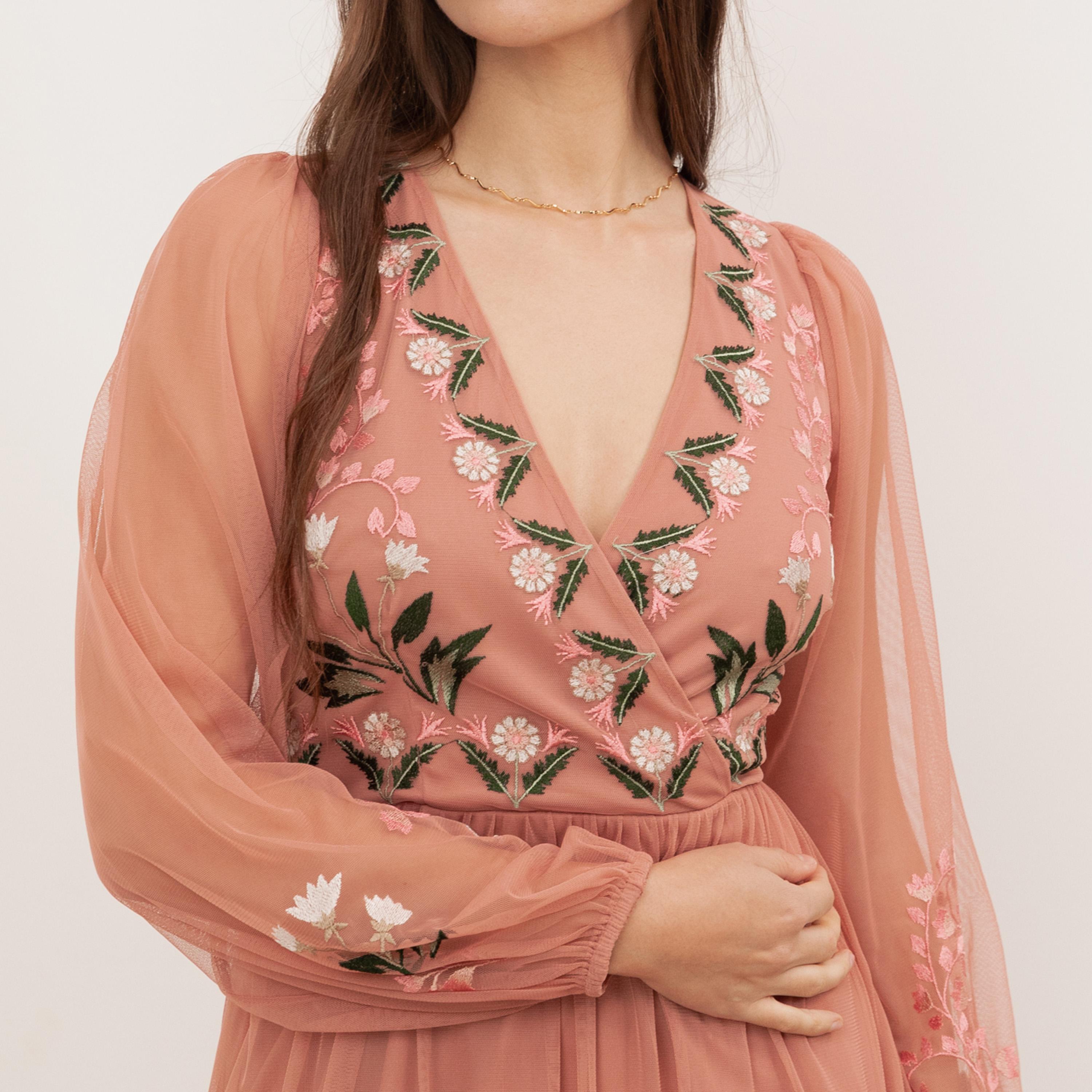 Maya Deluxe Blue Floral Embroidered Tulle Surplice Neck Fit & Flared Women's Midi Dress-women-clothing-dresses-image-4