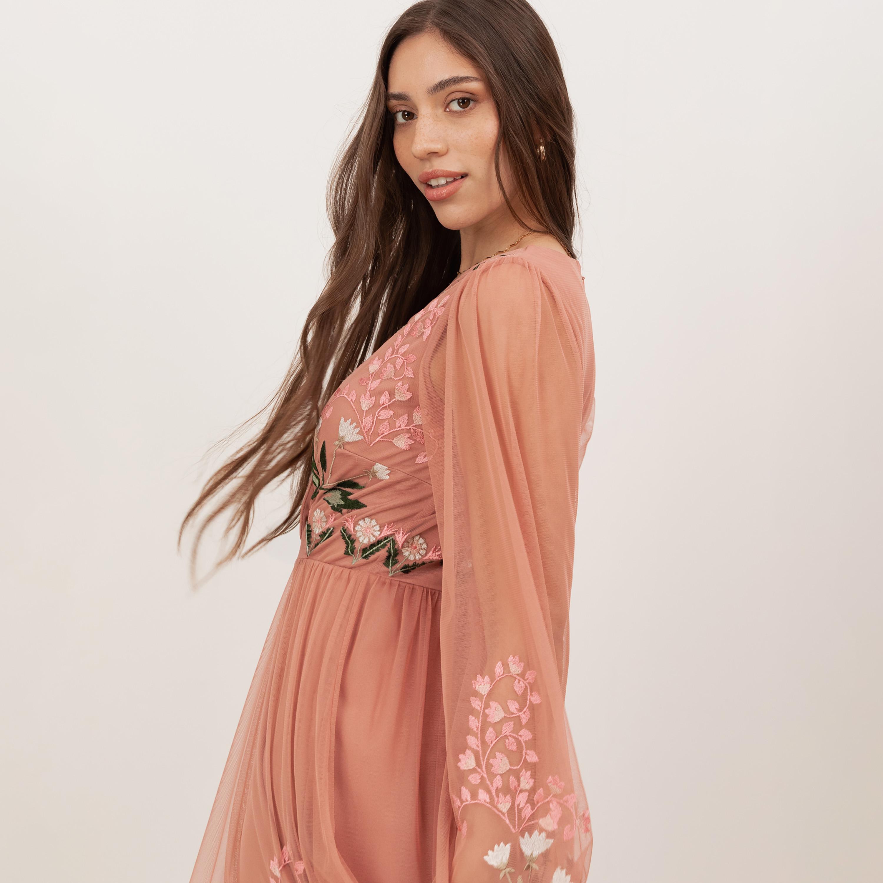 Maya Deluxe Blue Floral Embroidered Tulle Surplice Neck Fit & Flared Women's Midi Dress-women-clothing-dresses-image-6