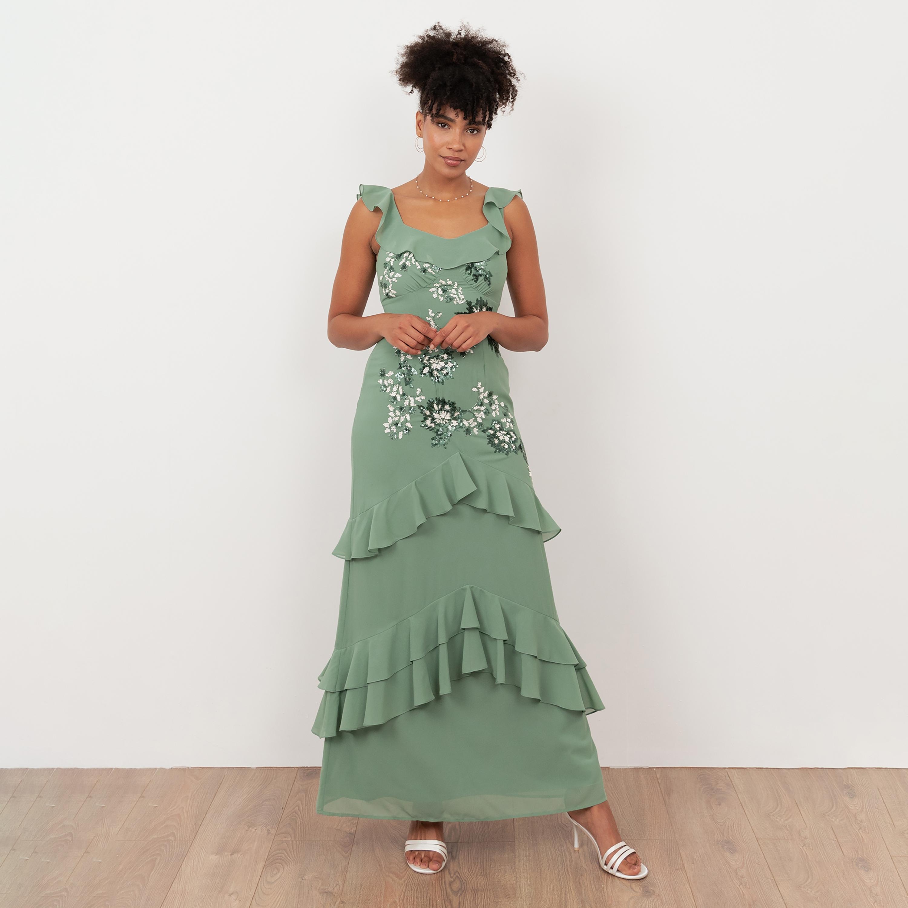 Maya Deluxe Sequined Georgette Sweetheart Neck Ruffled Women's Maxi Dress-women-clothing-dresses-image-1