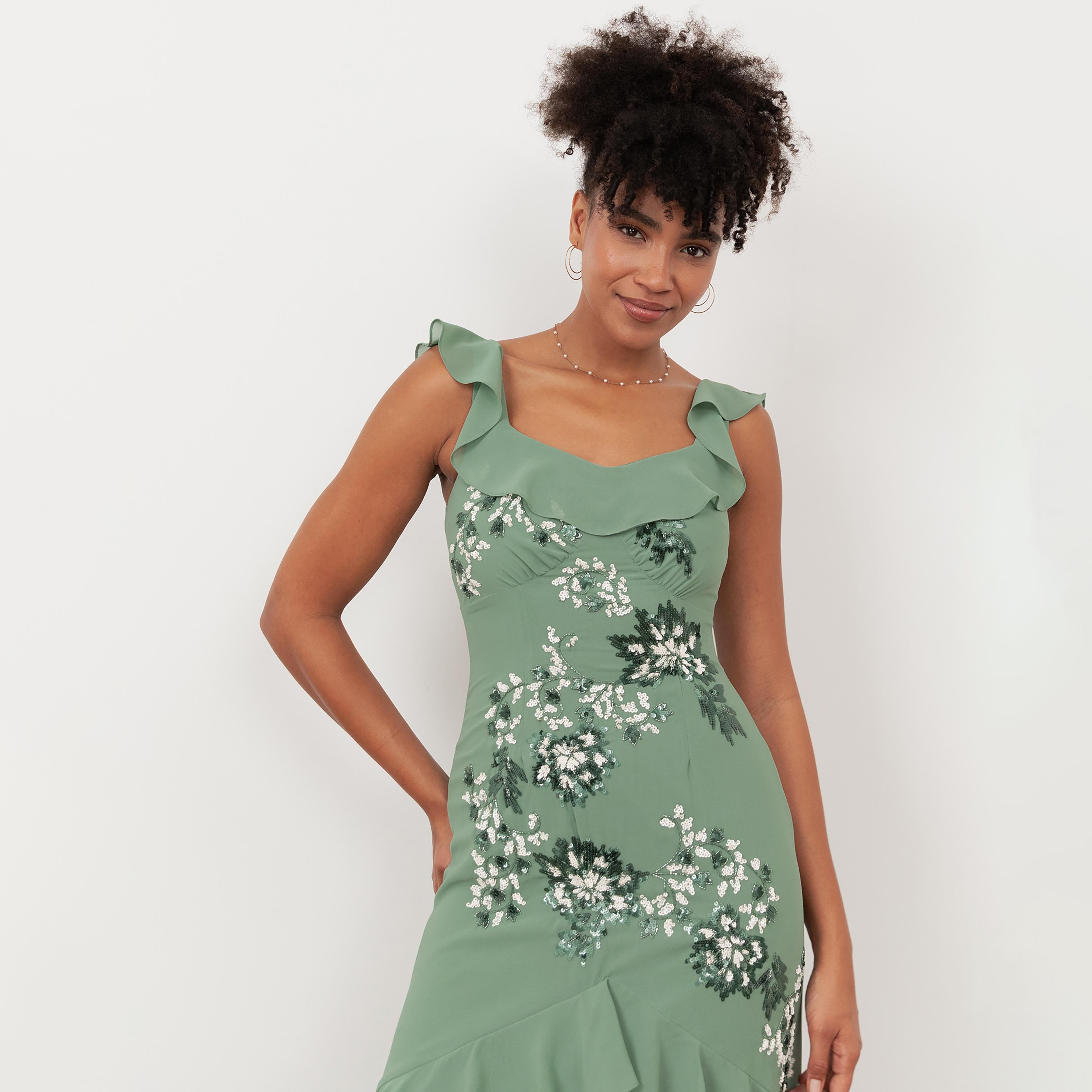 Maya Deluxe Sequined Georgette Sweetheart Neck Ruffled Women's Maxi Dress-women-clothing-dresses-image-5