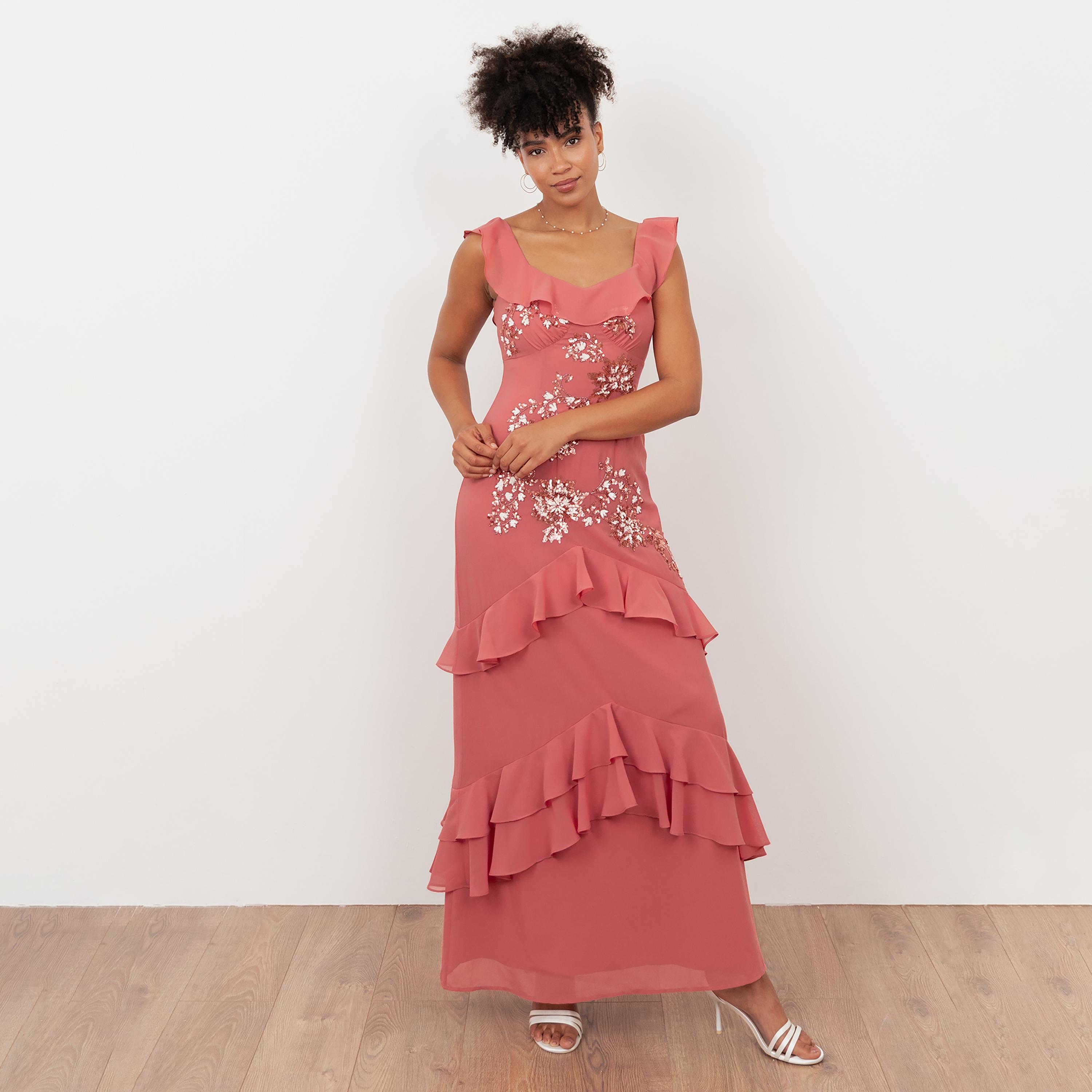 Maya Deluxe Sequined Georgette Sweetheart Neck Ruffled Women's Maxi Dress-women-clothing-dresses-image-1