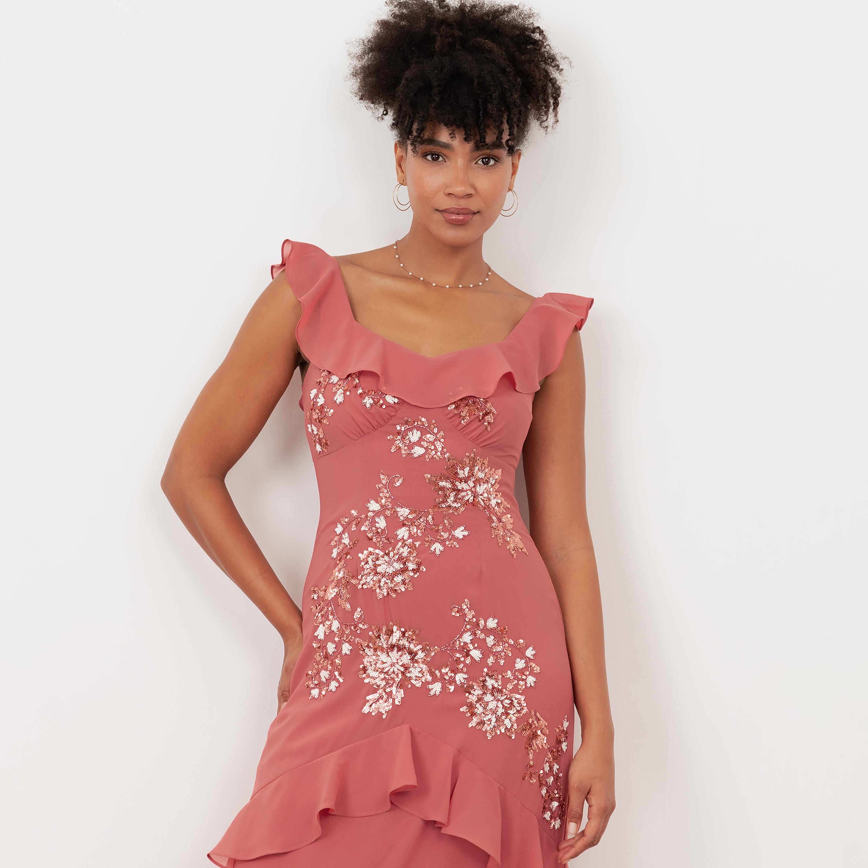 Maya Deluxe Sequined Georgette Sweetheart Neck Ruffled Women's Maxi Dress-women-clothing-dresses-image-3
