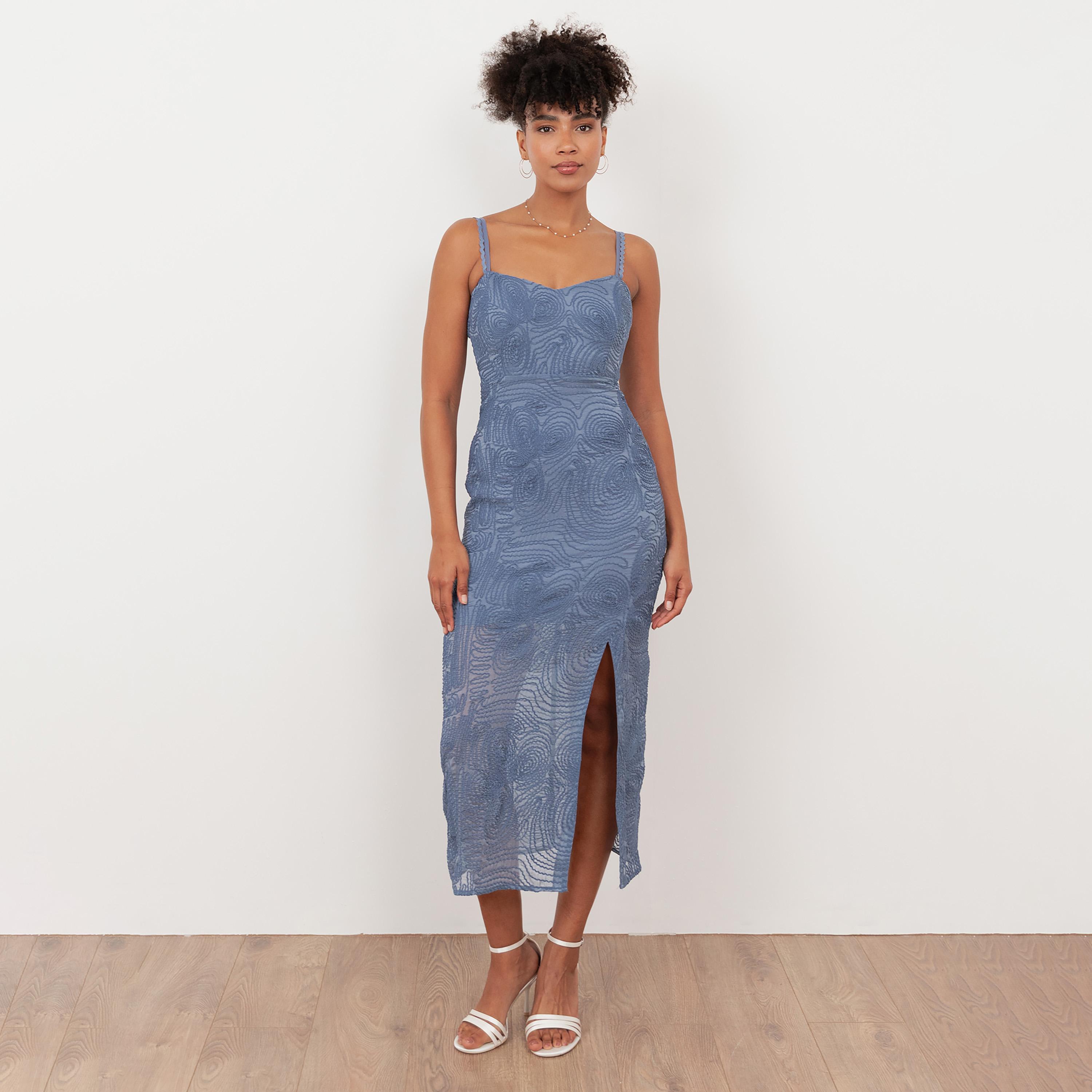 Maya Deluxe Infinity Blue Embroidered Chiffon Sweetheart Neck Slit Women's Midi Dress-women-clothing-dresses-image-1