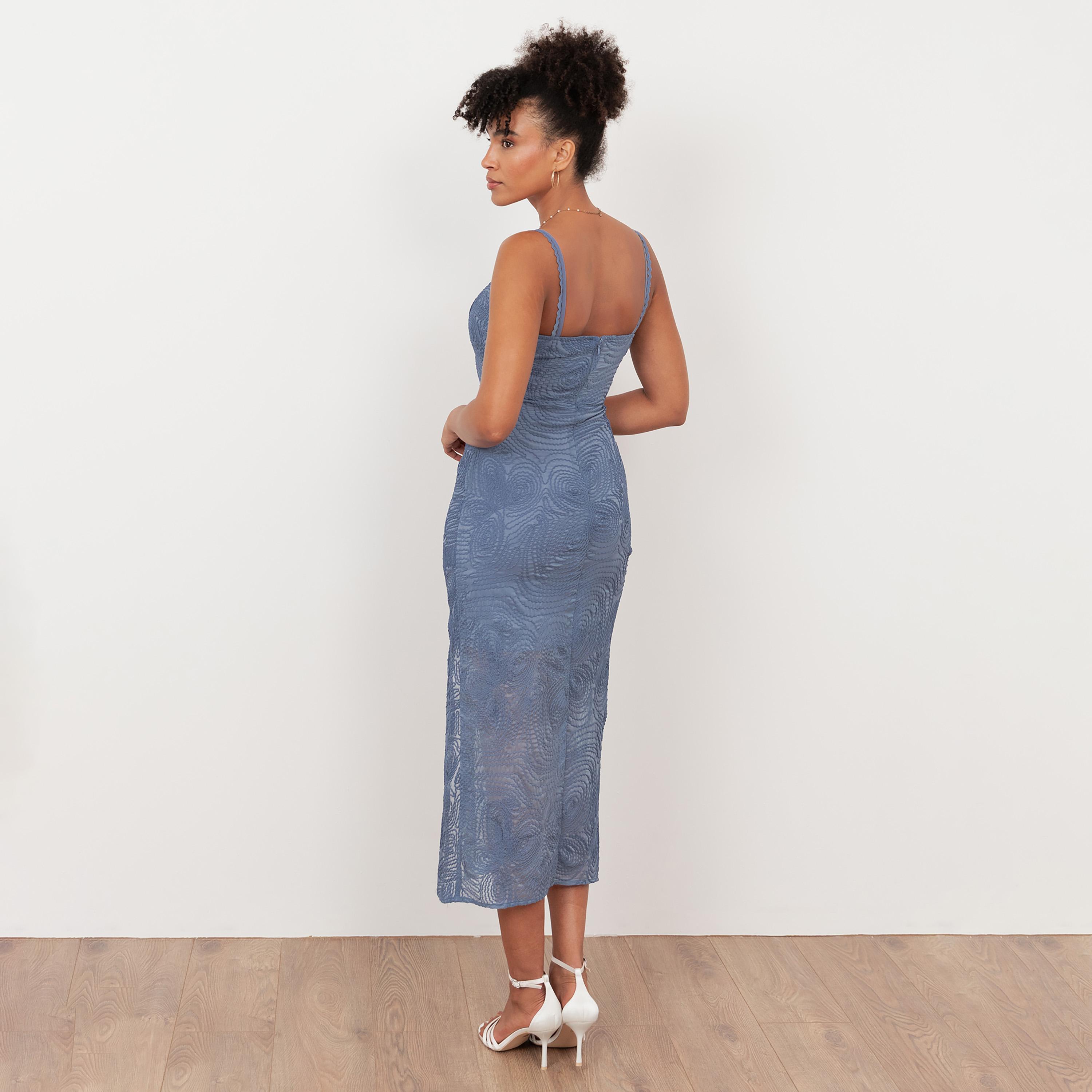 Maya Deluxe Infinity Blue Embroidered Chiffon Sweetheart Neck Slit Women's Midi Dress-women-clothing-dresses-image-2