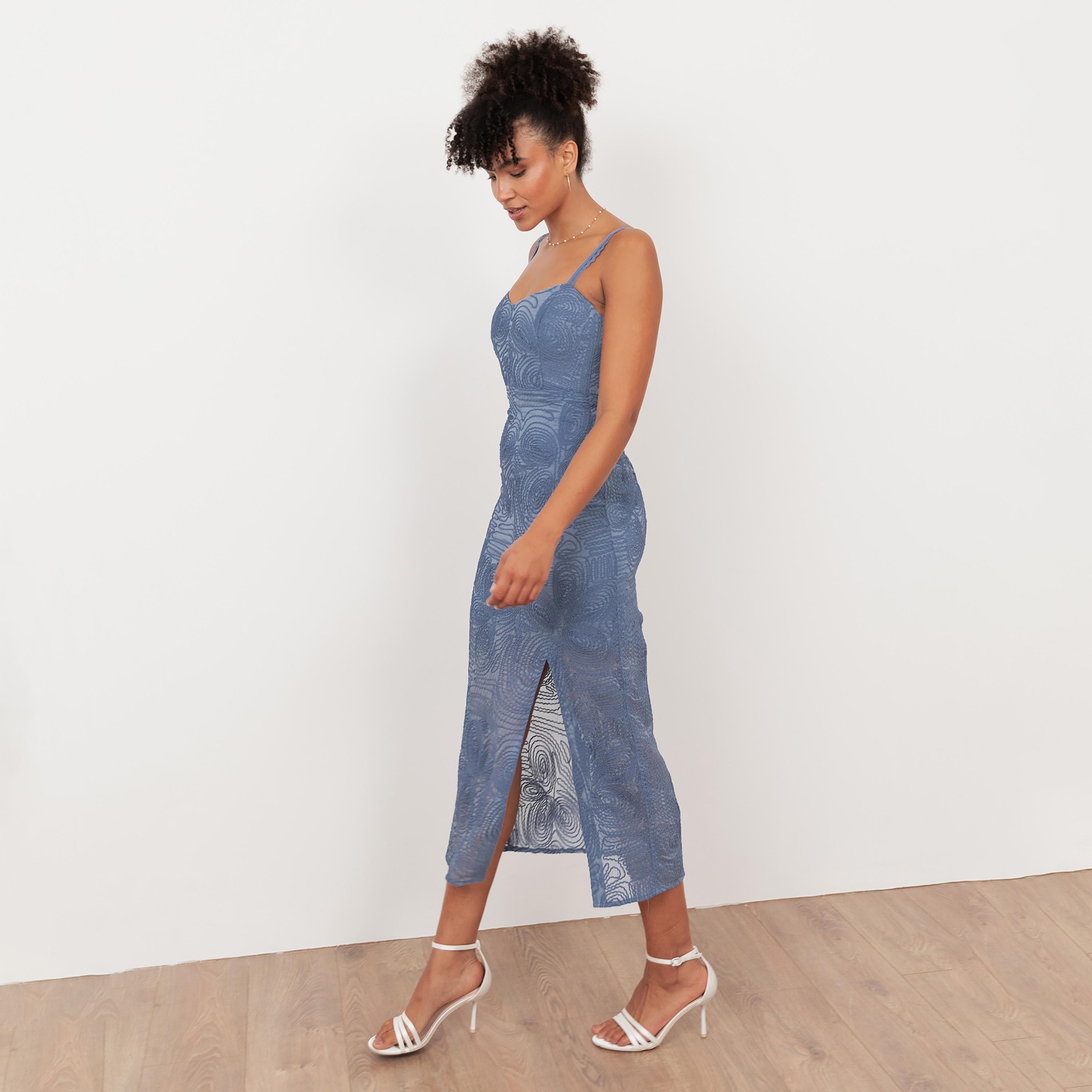 Maya Deluxe Infinity Blue Embroidered Chiffon Sweetheart Neck Slit Women's Midi Dress-women-clothing-dresses-image-3