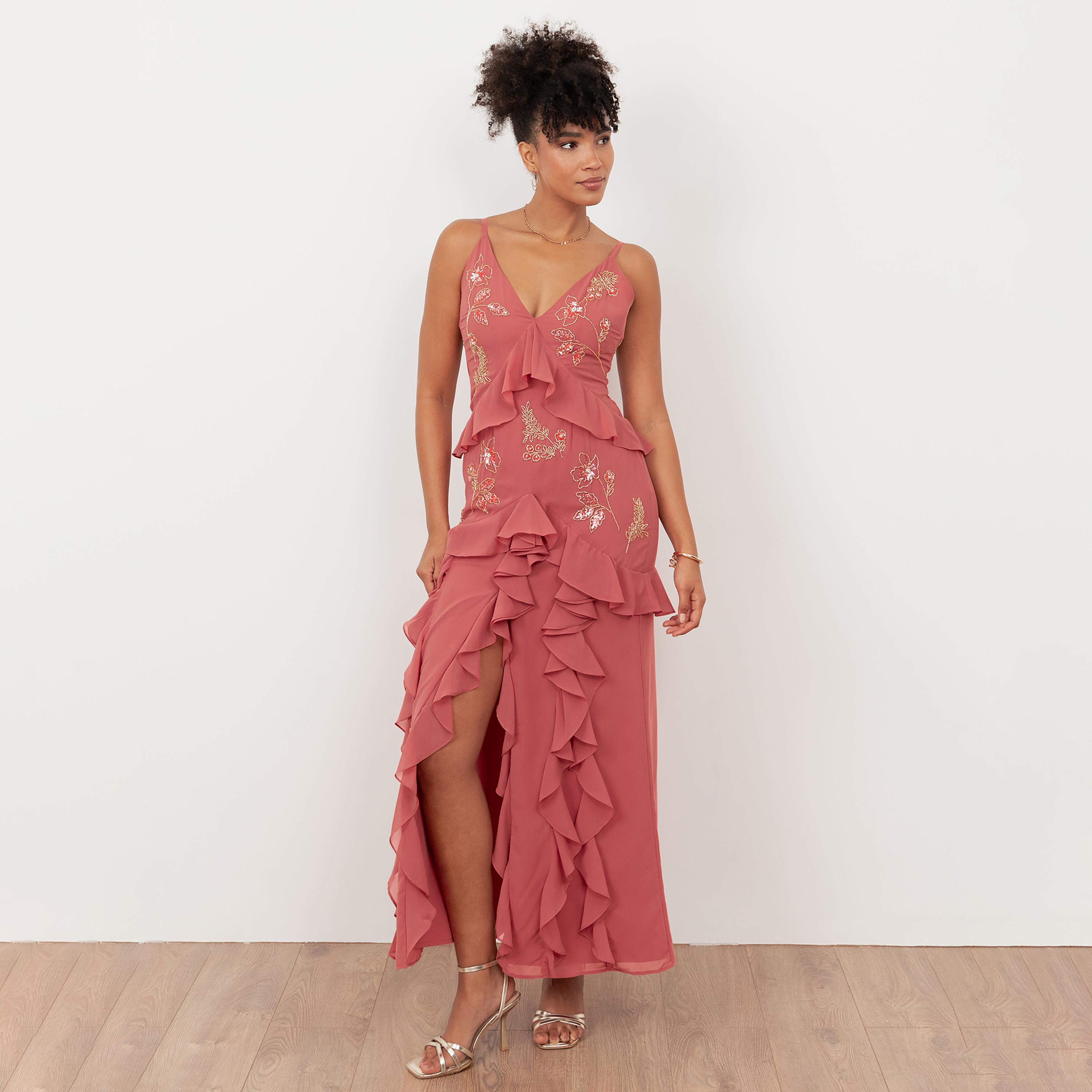 Maya Deluxe Mid Pink Beaded Georgette Ruffled Women's Maxi Dress-women-clothing-dresses-image-1