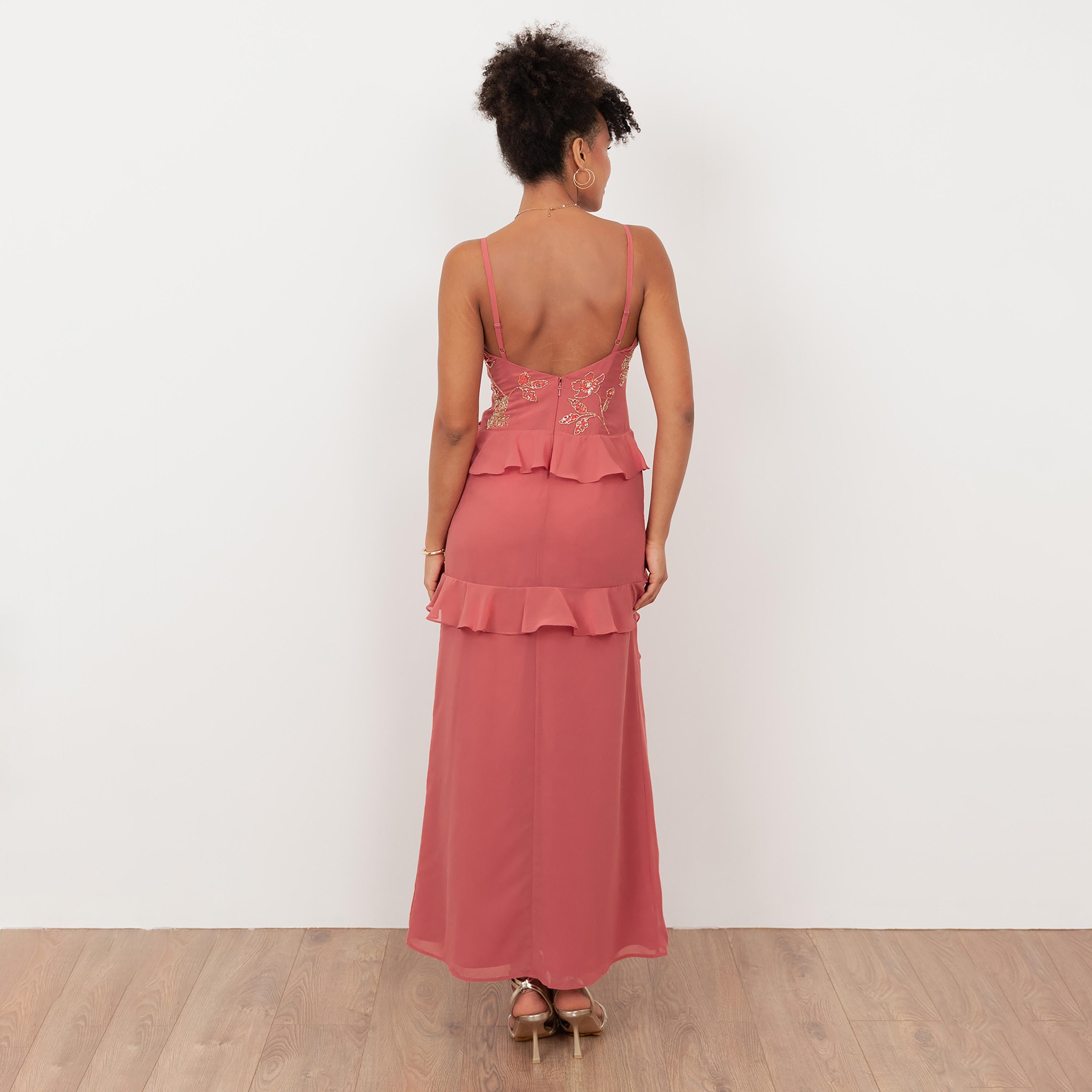 Maya Deluxe Mid Pink Beaded Georgette Ruffled Women's Maxi Dress-women-clothing-dresses-image-2