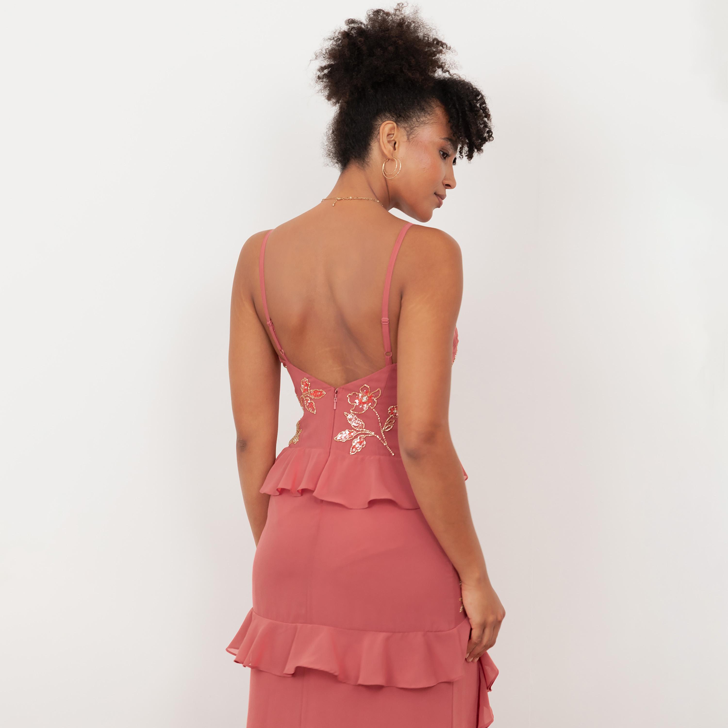 Maya Deluxe Mid Pink Beaded Georgette Ruffled Women's Maxi Dress-women-clothing-dresses-image-4
