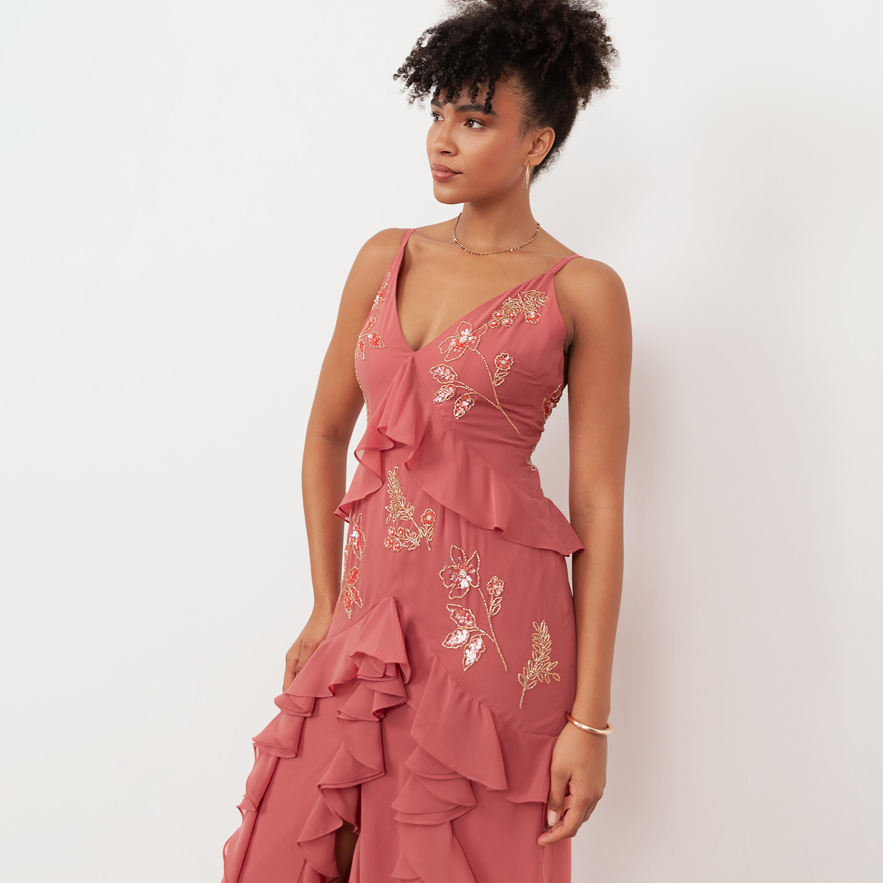 Maya Deluxe Mid Pink Beaded Georgette Ruffled Women's Maxi Dress-women-clothing-dresses-image-5