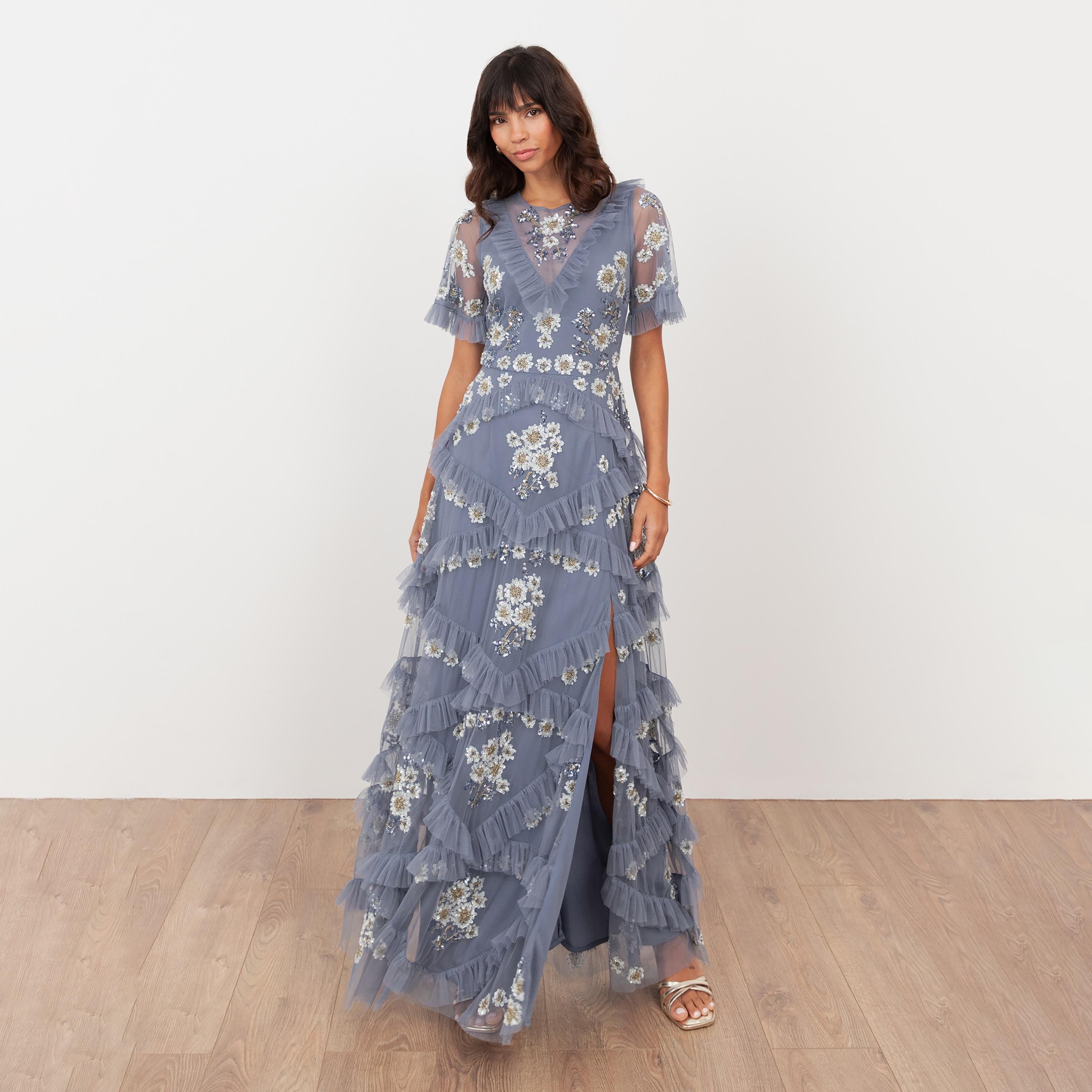 Maya Deluxe Sequined Tulle Sheer Sleeves Ruffled Women's Evening Maxi Dress-women-clothing-dresses-image-1