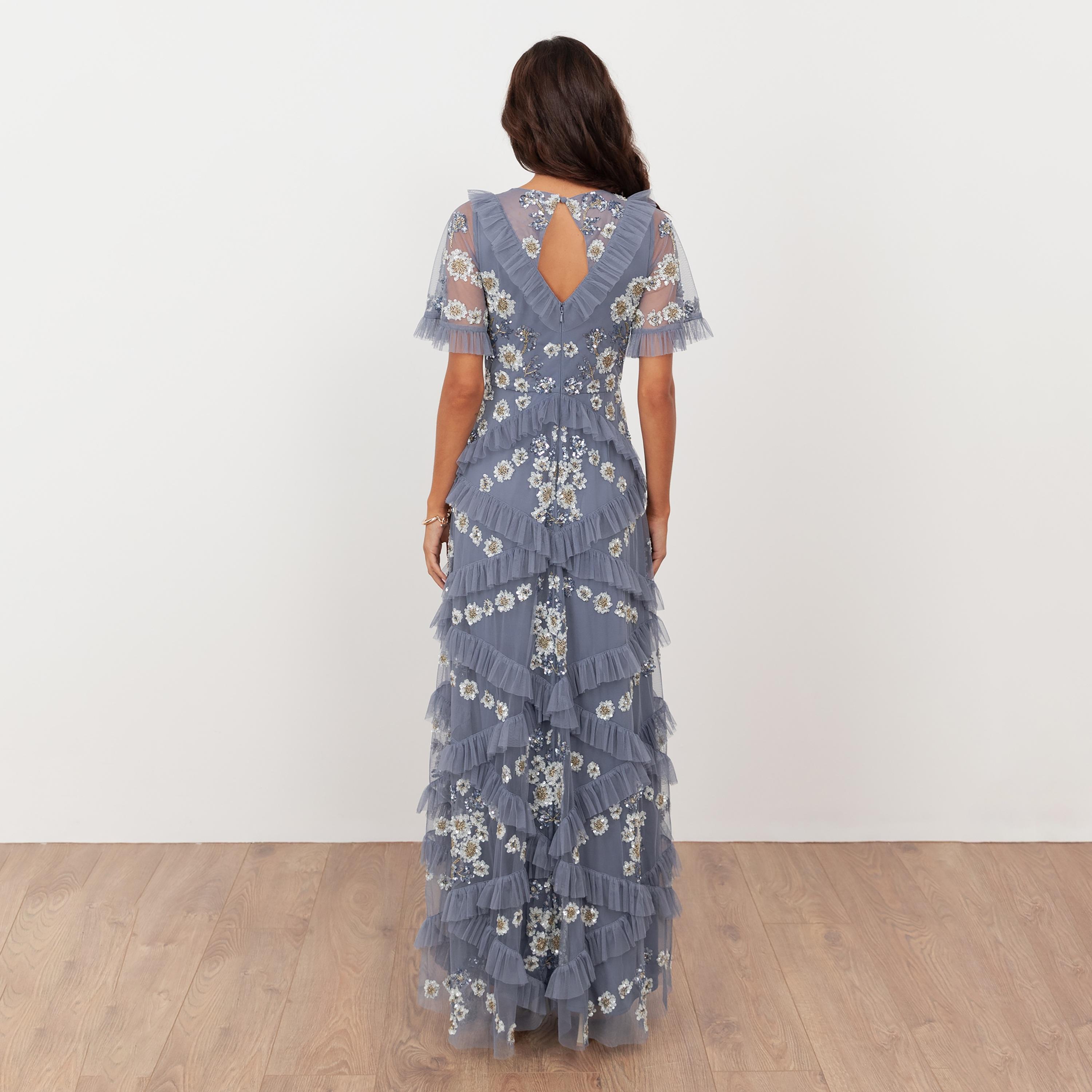 Maya Deluxe Sequined Tulle Sheer Sleeves Ruffled Women's Evening Maxi Dress-women-clothing-dresses-image-2