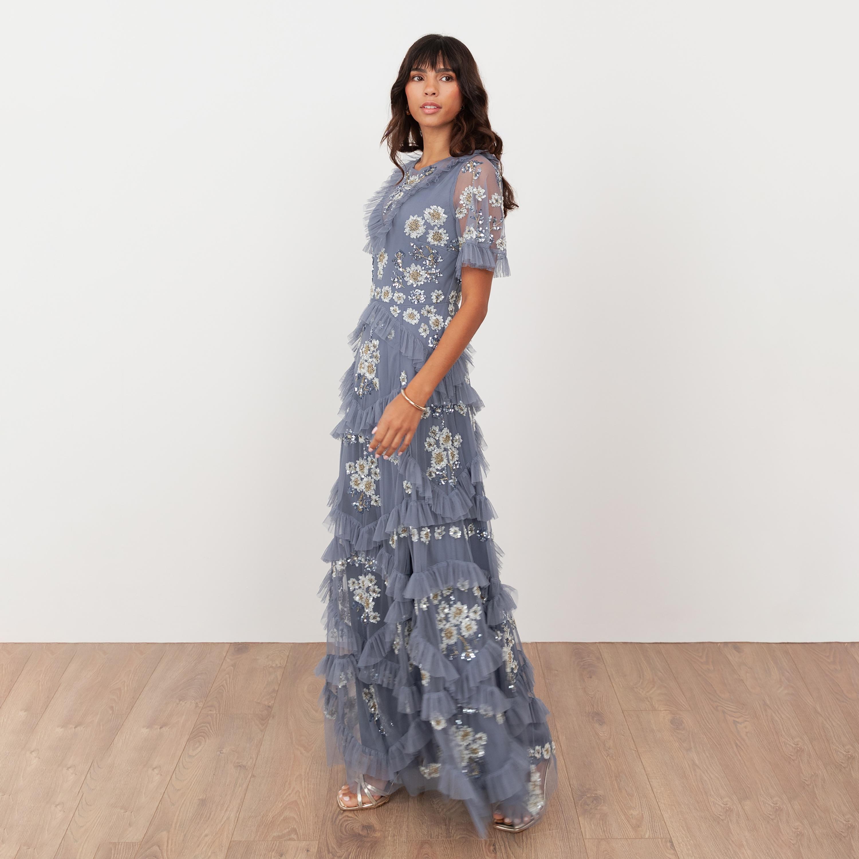 Maya Deluxe Sequined Tulle Sheer Sleeves Ruffled Women's Evening Maxi Dress-women-clothing-dresses-image-3