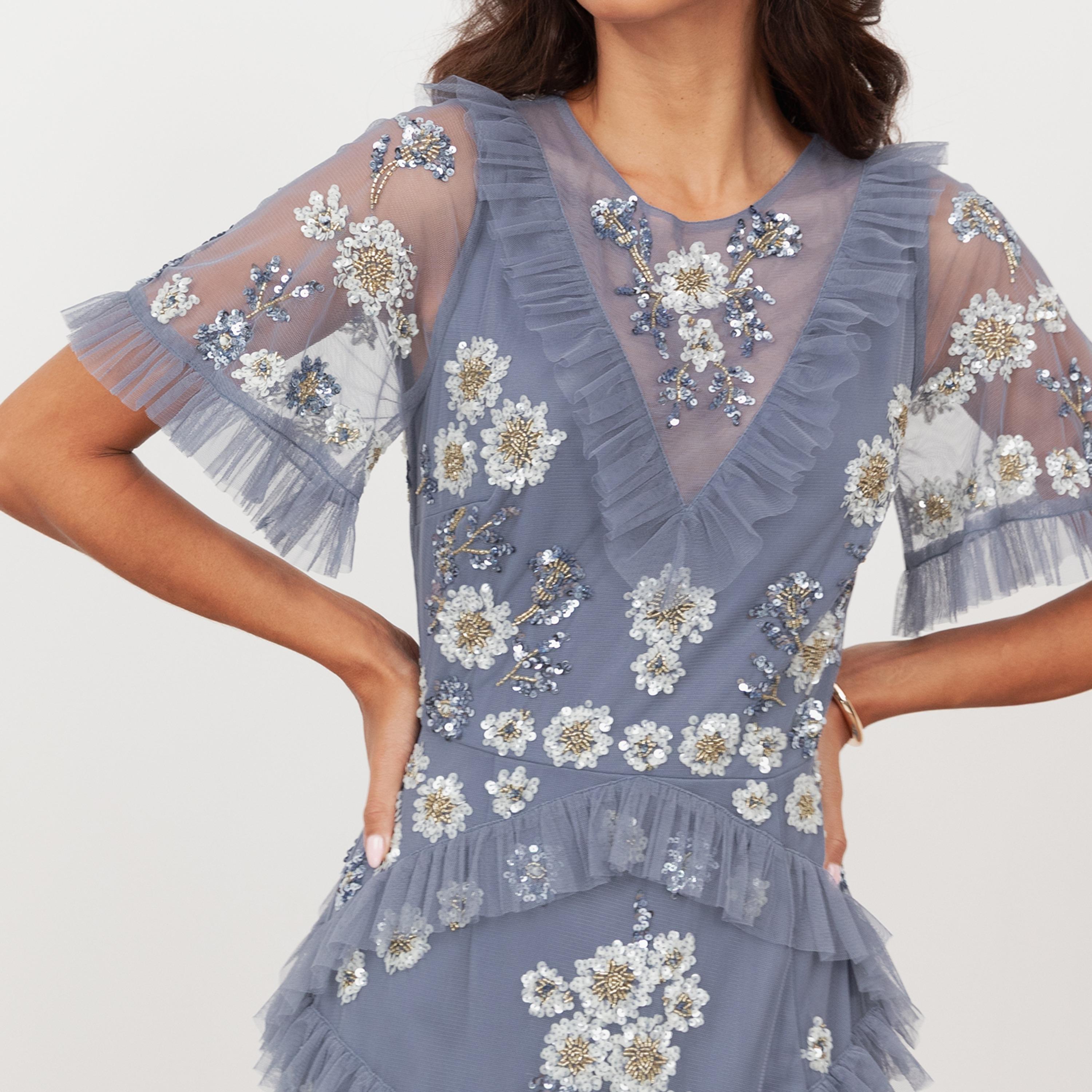 Maya Deluxe Sequined Tulle Sheer Sleeves Ruffled Women's Evening Maxi Dress-women-clothing-dresses-image-4