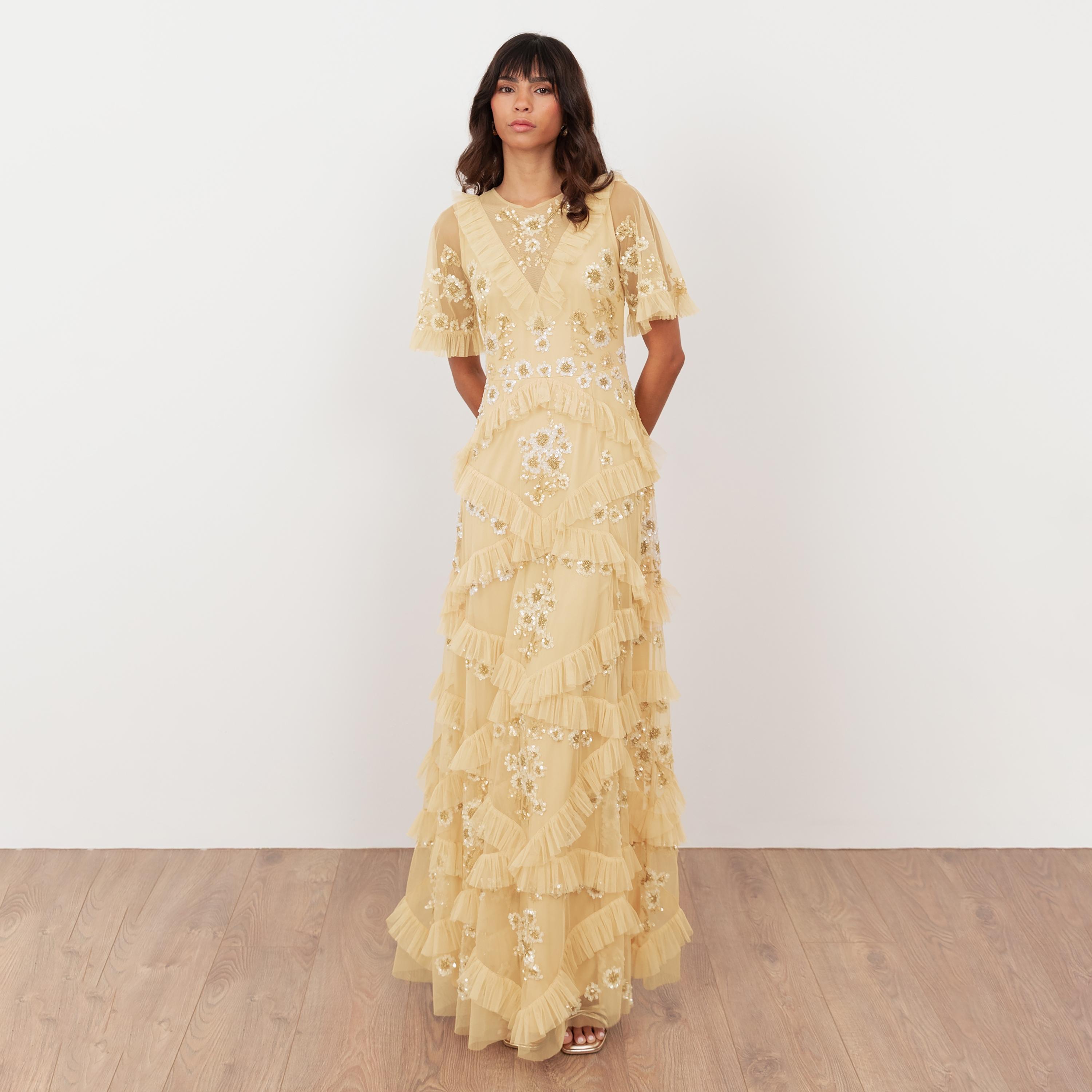 Maya Deluxe Sequined Tulle Sheer Sleeves Ruffled Women's Evening Maxi Dress-women-clothing-dresses-image-7