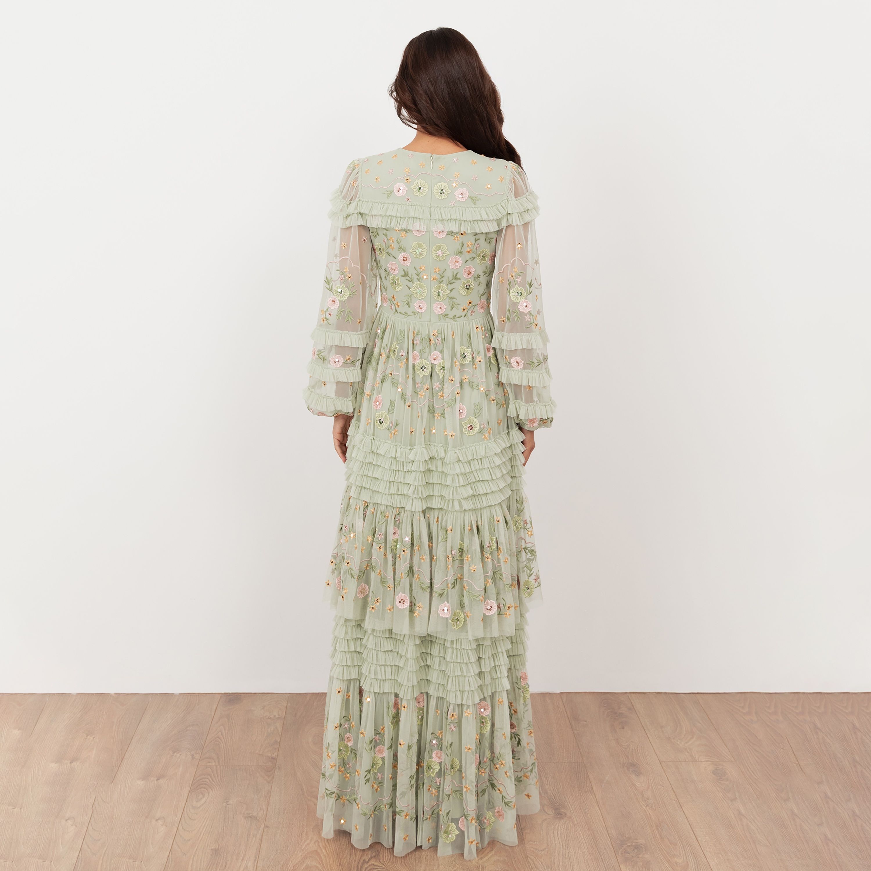 فستان سهرة ماكسي نسائي من مايا ديلوكس، من التل المطرز، بأكمام منفوخة وطبقات كشكش-women-clothing-dresses-image-8