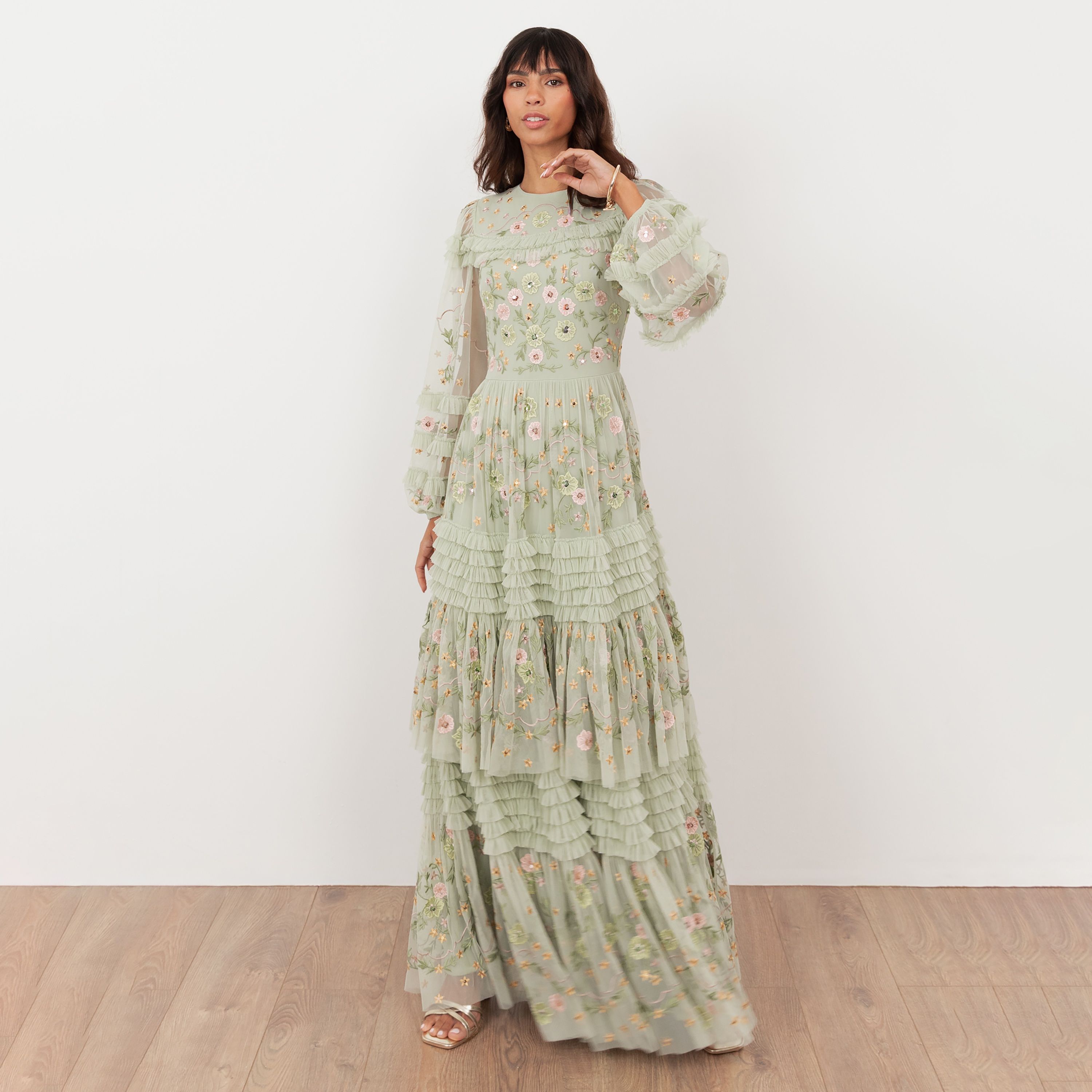 فستان سهرة ماكسي نسائي من مايا ديلوكس، من التل المطرز، بأكمام منفوخة وطبقات كشكش-women-clothing-dresses-image-9