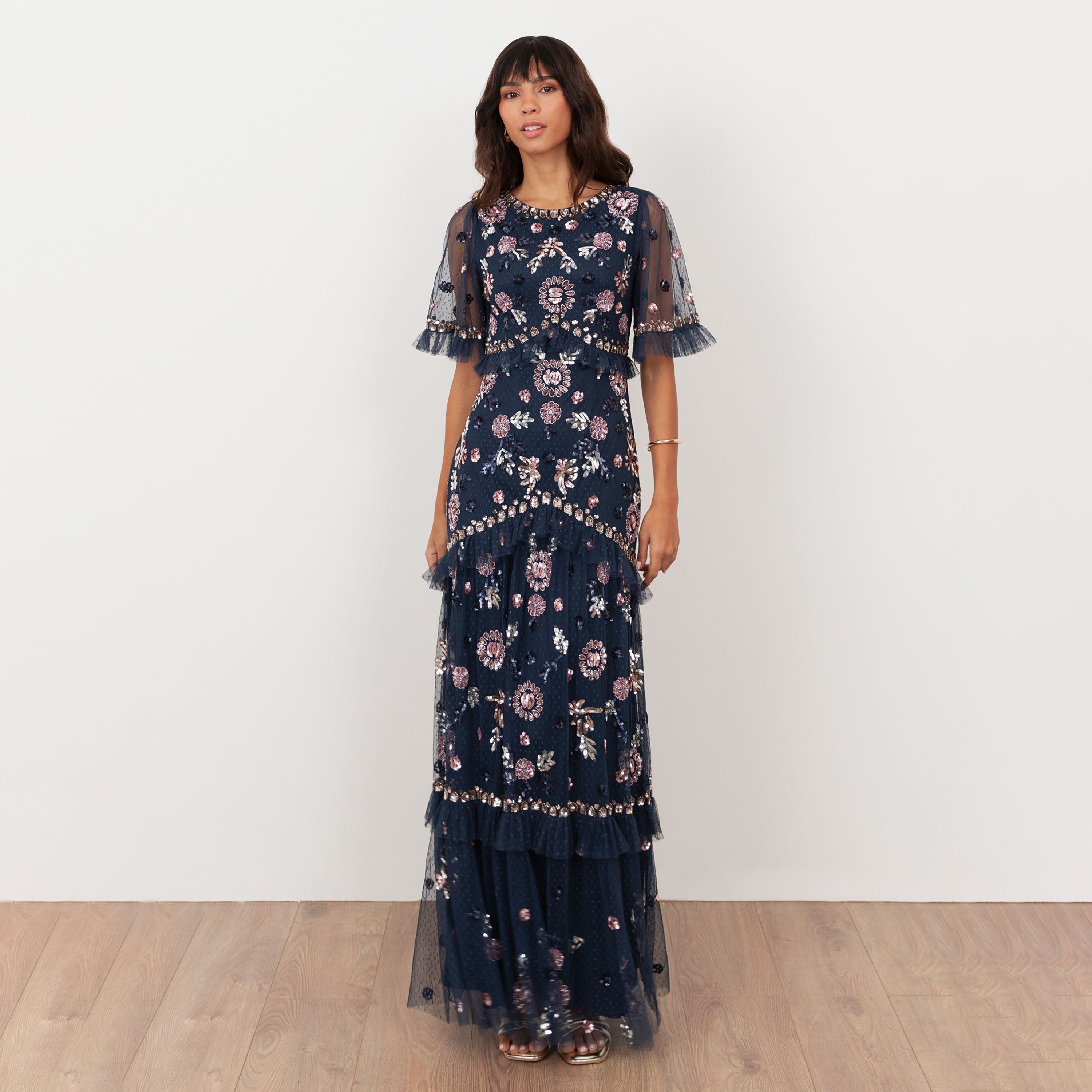 فستان سهرة ماكسي نسائي من مايا ديلوكس، من التل المزين بالترتر، بأكمام شفافة وطبقات-women-clothing-dresses-image-1