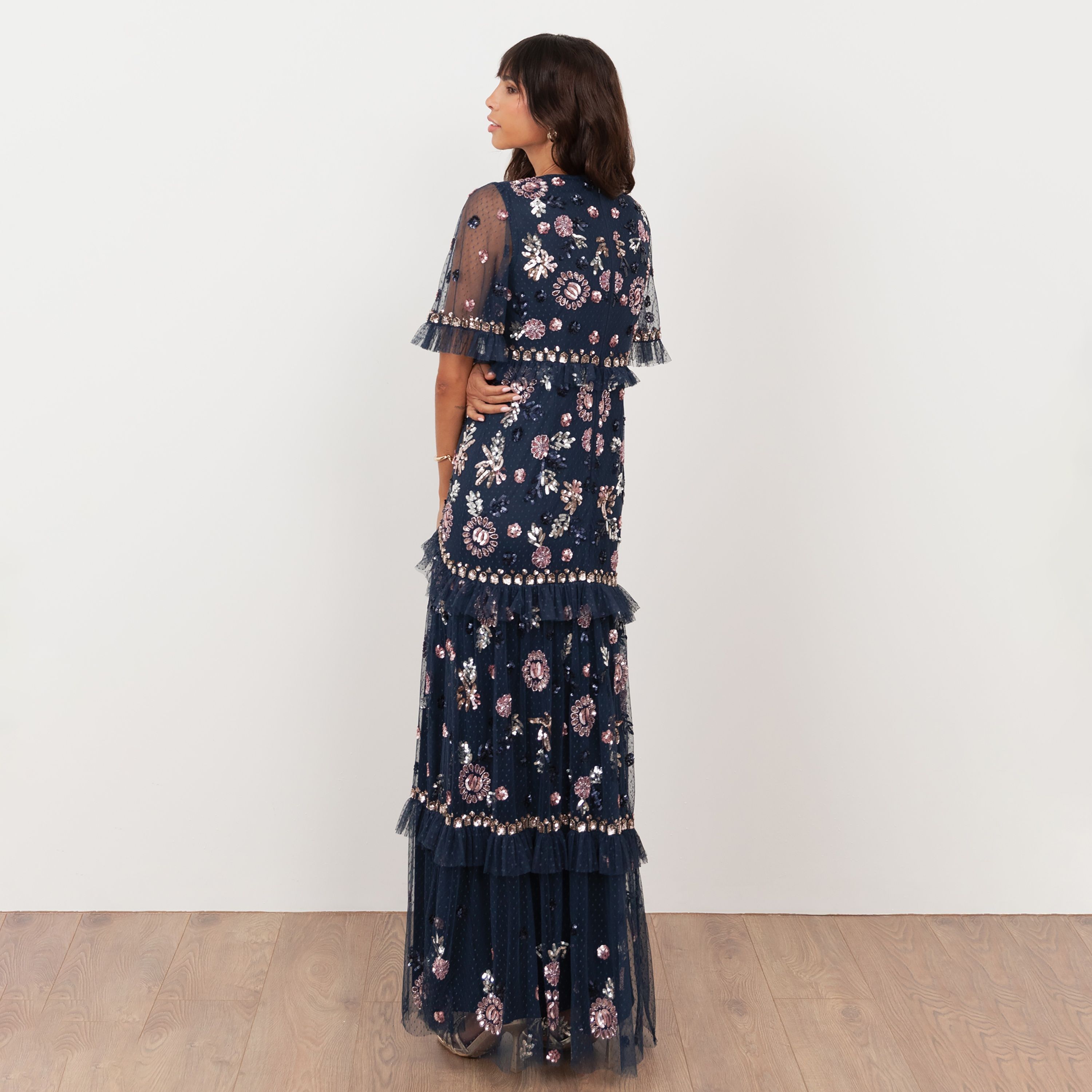فستان سهرة ماكسي نسائي من مايا ديلوكس، من التل المزين بالترتر، بأكمام شفافة وطبقات-women-clothing-dresses-image-2