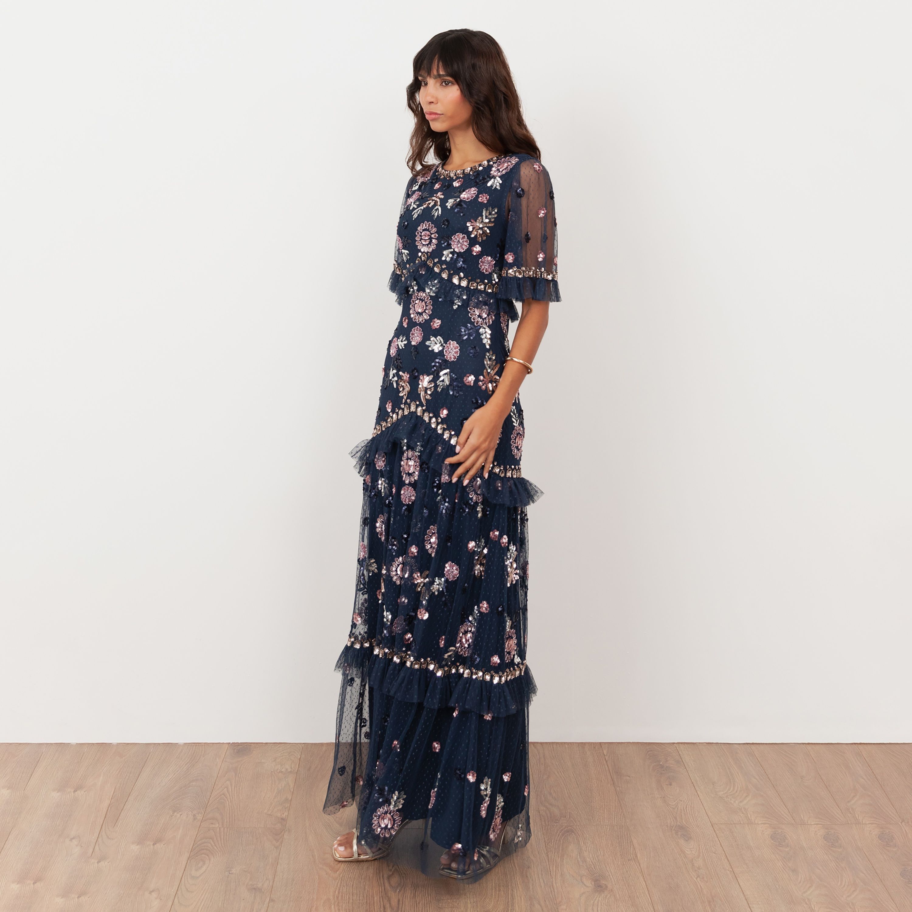 فستان سهرة ماكسي نسائي من مايا ديلوكس، من التل المزين بالترتر، بأكمام شفافة وطبقات-women-clothing-dresses-image-3