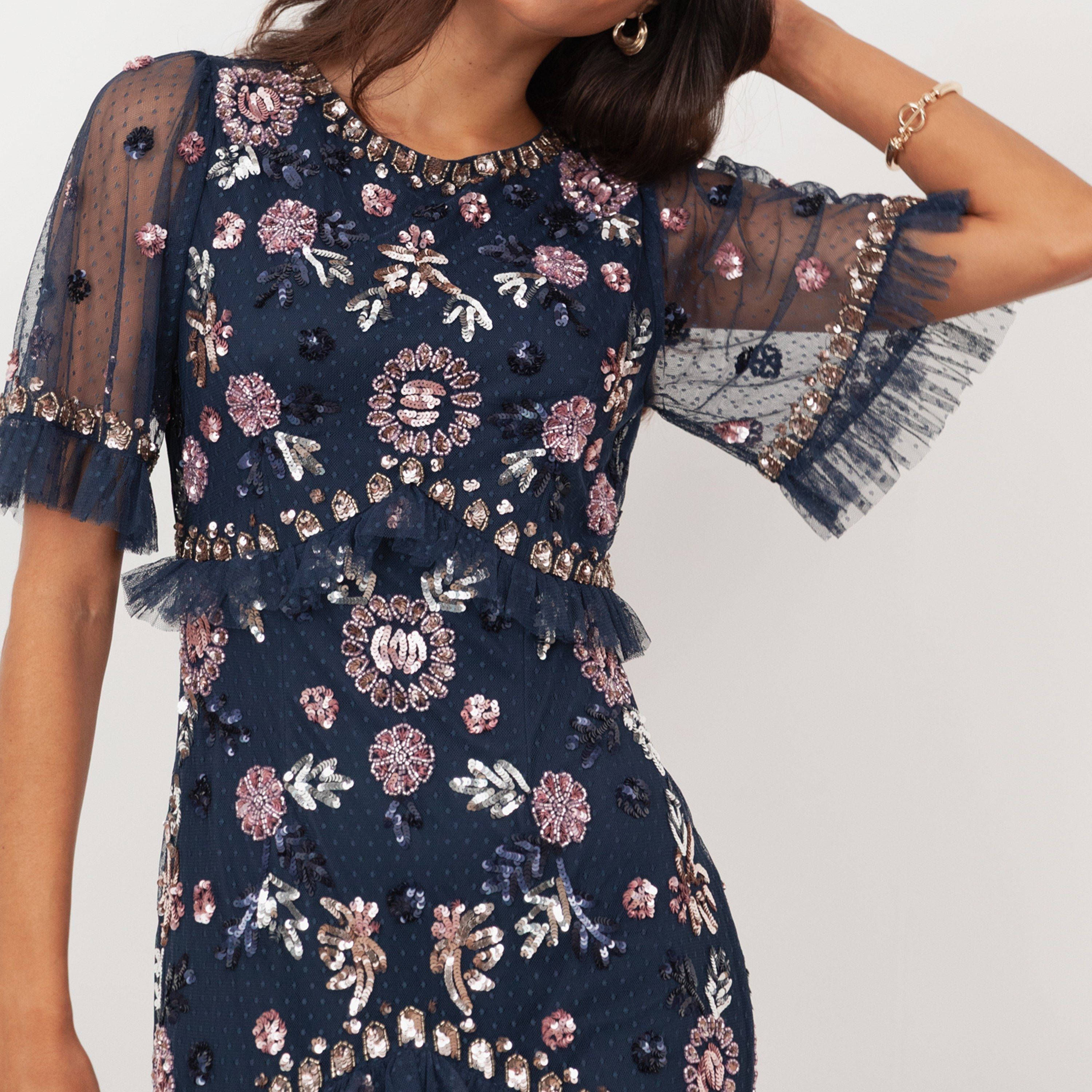 فستان سهرة ماكسي نسائي من مايا ديلوكس، من التل المزين بالترتر، بأكمام شفافة وطبقات-women-clothing-dresses-image-4