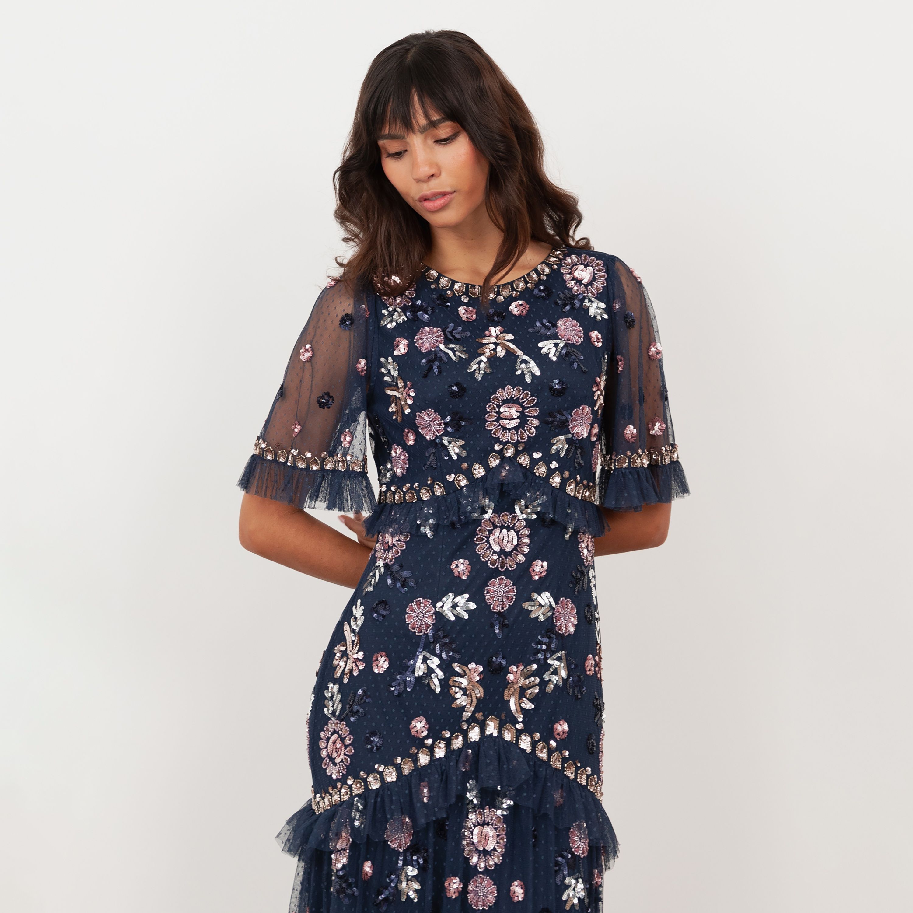 فستان سهرة ماكسي نسائي من مايا ديلوكس، من التل المزين بالترتر، بأكمام شفافة وطبقات-women-clothing-dresses-image-6