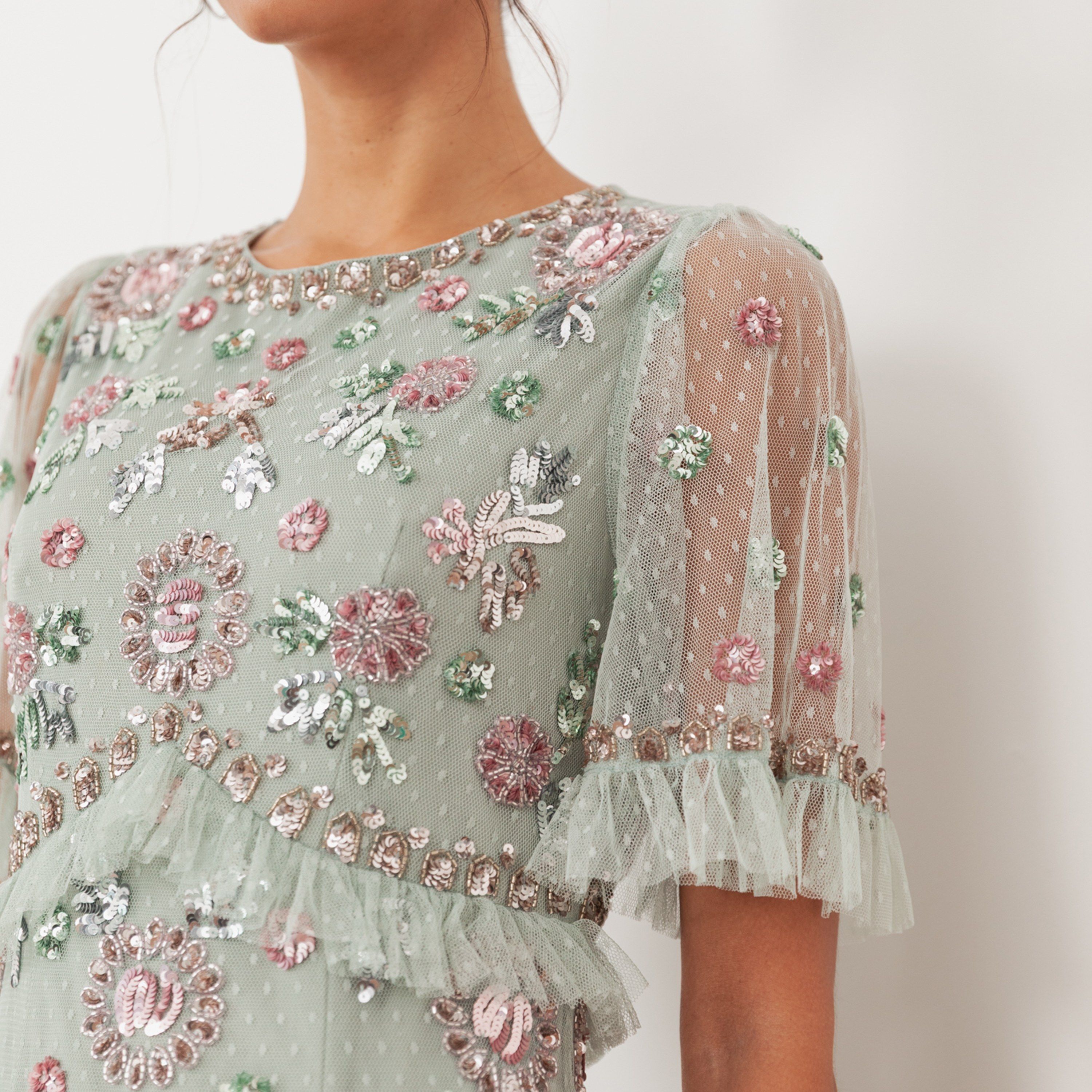 فستان سهرة ماكسي نسائي من مايا ديلوكس، من التل المزين بالترتر، بأكمام شفافة وطبقات-women-clothing-dresses-image-11