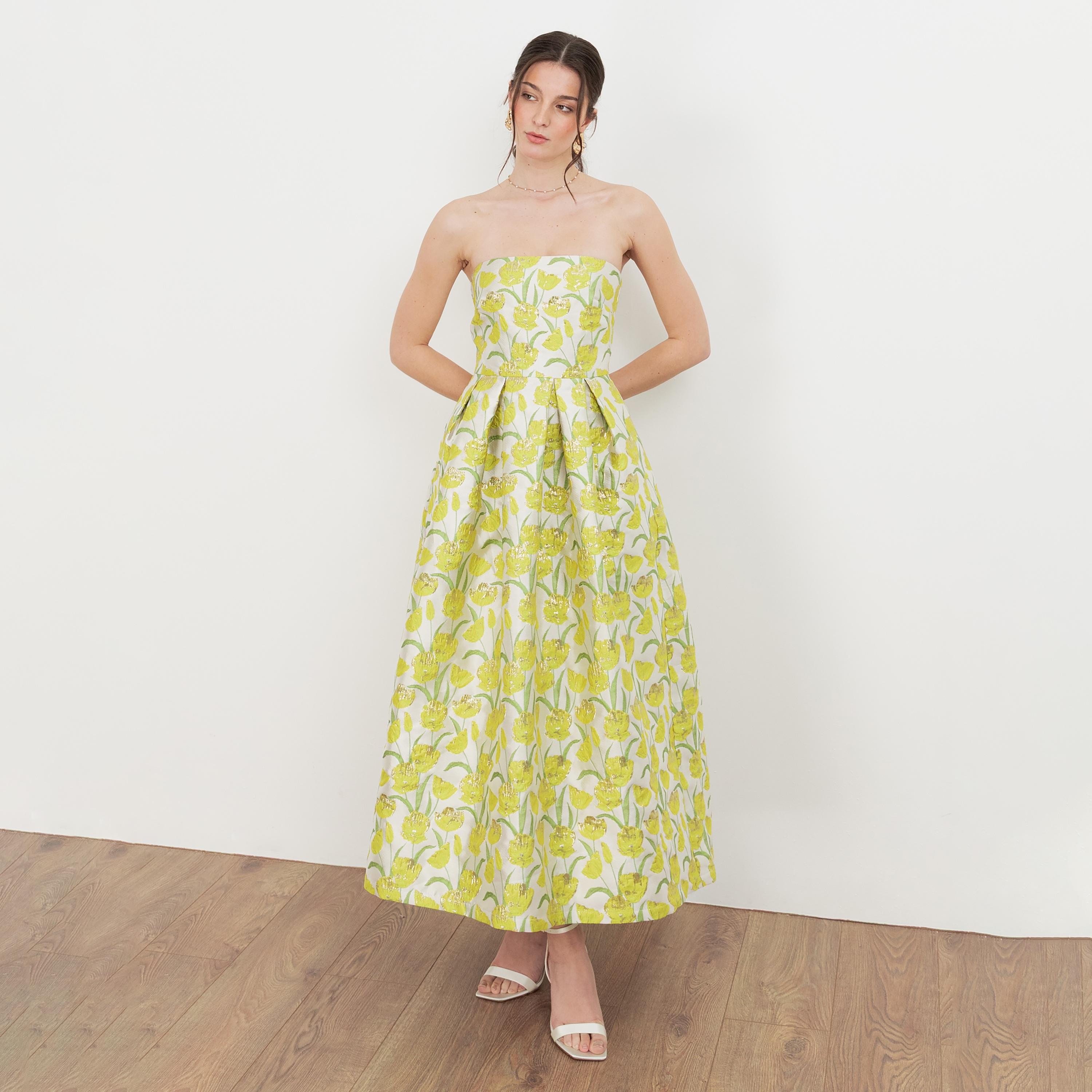 Maya Deluxe Yellow Floral Jacquard Strapless Bandeau Women's Evening Maxi Dress-women-clothing-dresses-image-1