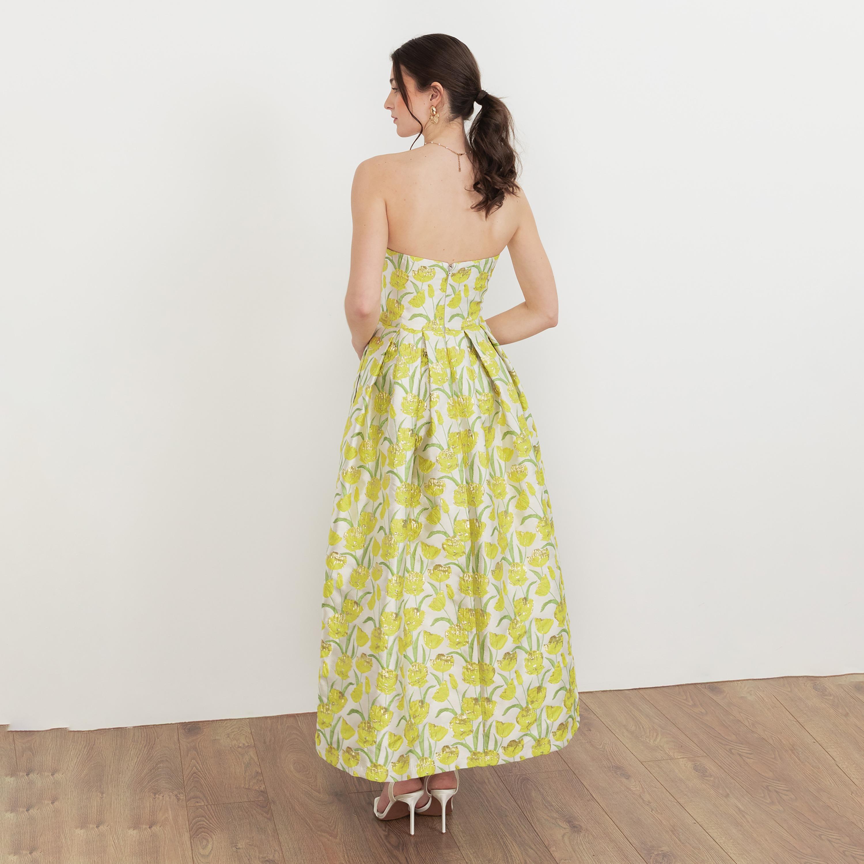 Maya Deluxe Yellow Floral Jacquard Strapless Bandeau Women's Evening Maxi Dress-women-clothing-dresses-image-2