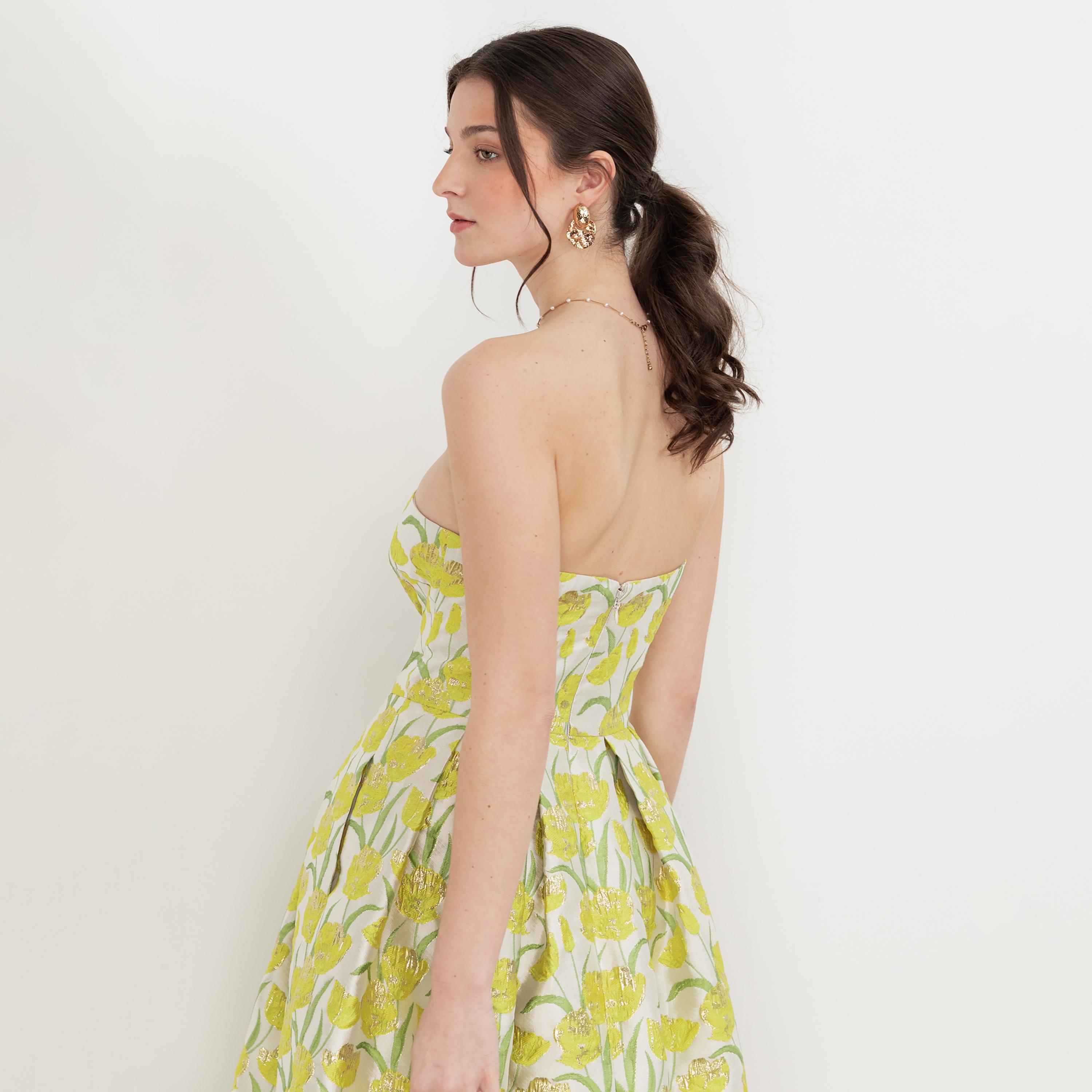 Maya Deluxe Yellow Floral Jacquard Strapless Bandeau Women's Evening Maxi Dress-women-clothing-dresses-image-4
