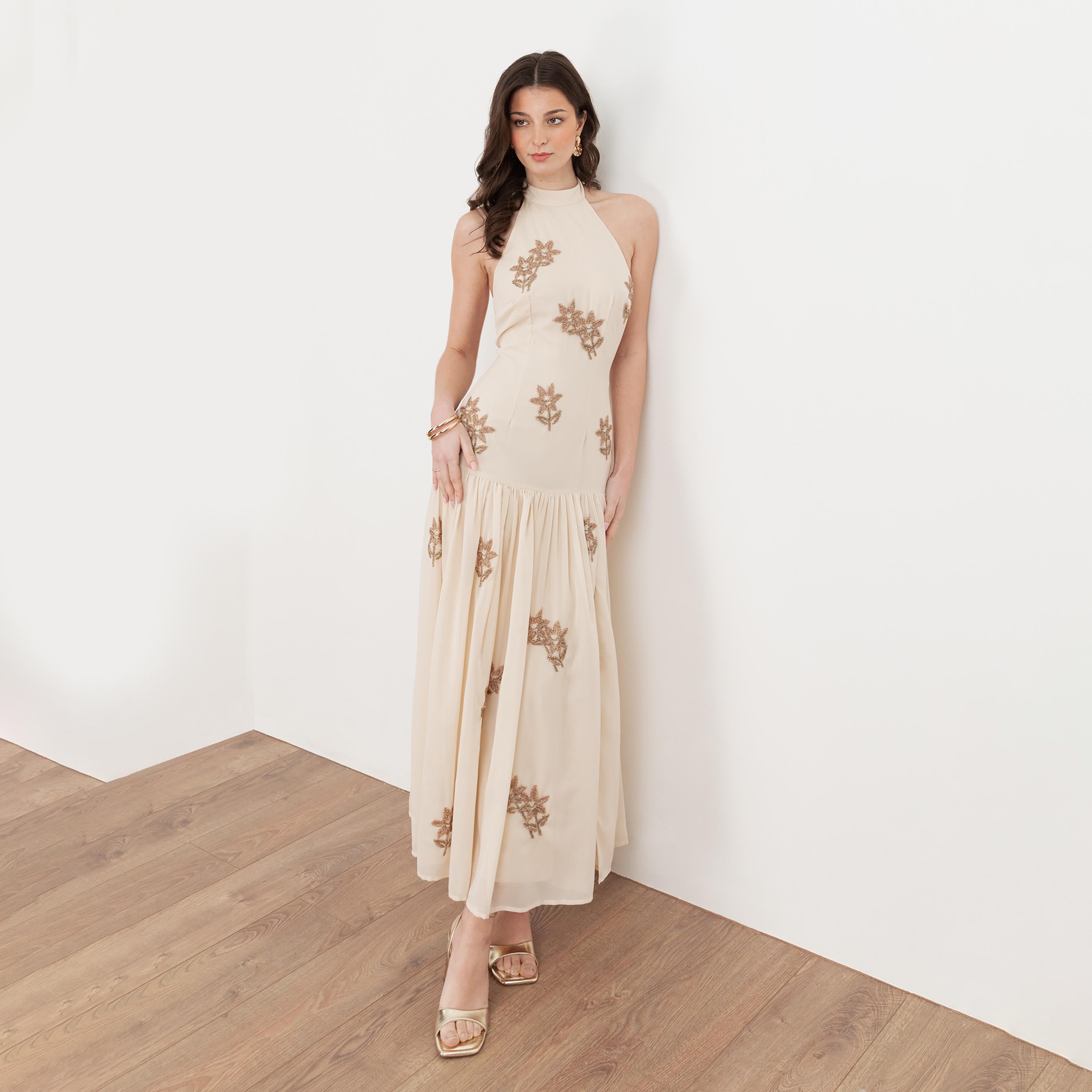 Maya Deluxe Vanilla Beaded Georgette Halter Neck Fit & Flared Women's Midaxi Dress-women-clothing-dresses-image-1