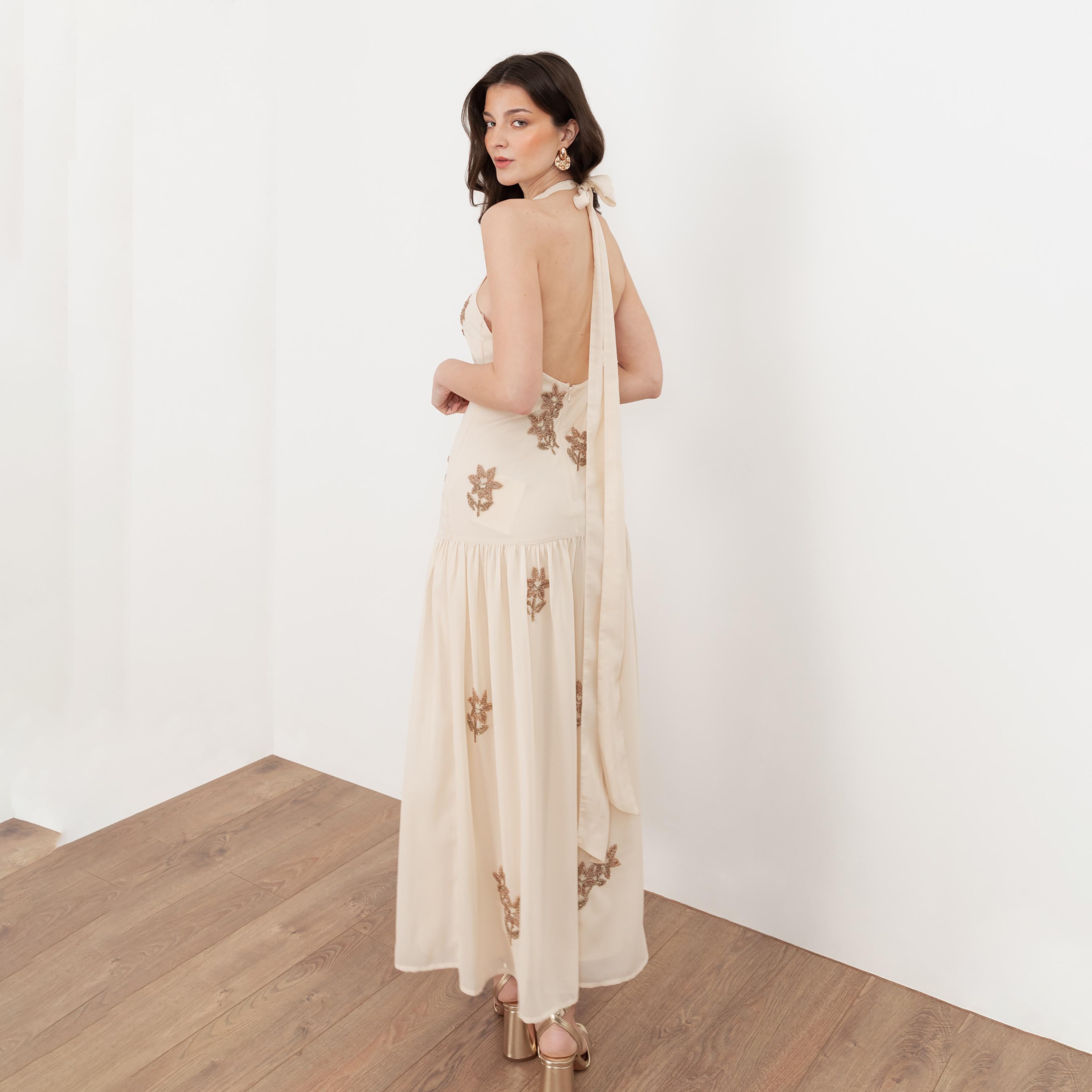 Maya Deluxe Vanilla Beaded Georgette Halter Neck Fit & Flared Women's Midaxi Dress-women-clothing-dresses-image-2