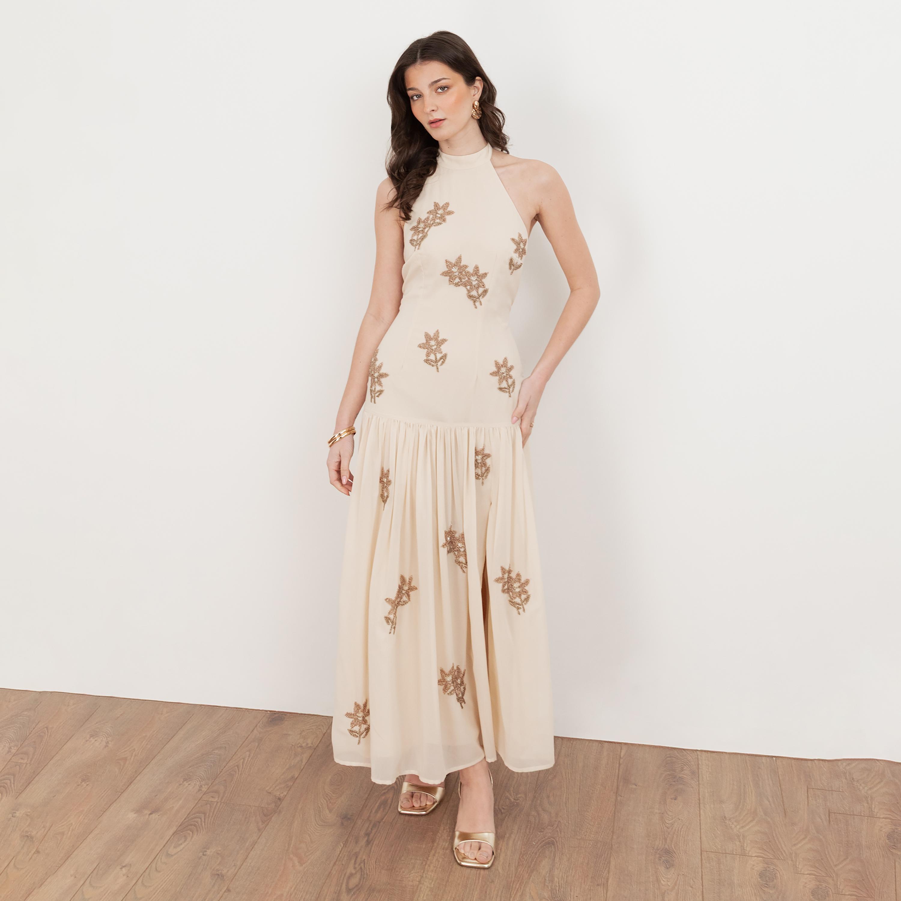 Maya Deluxe Vanilla Beaded Georgette Halter Neck Fit & Flared Women's Midaxi Dress-women-clothing-dresses-image-3