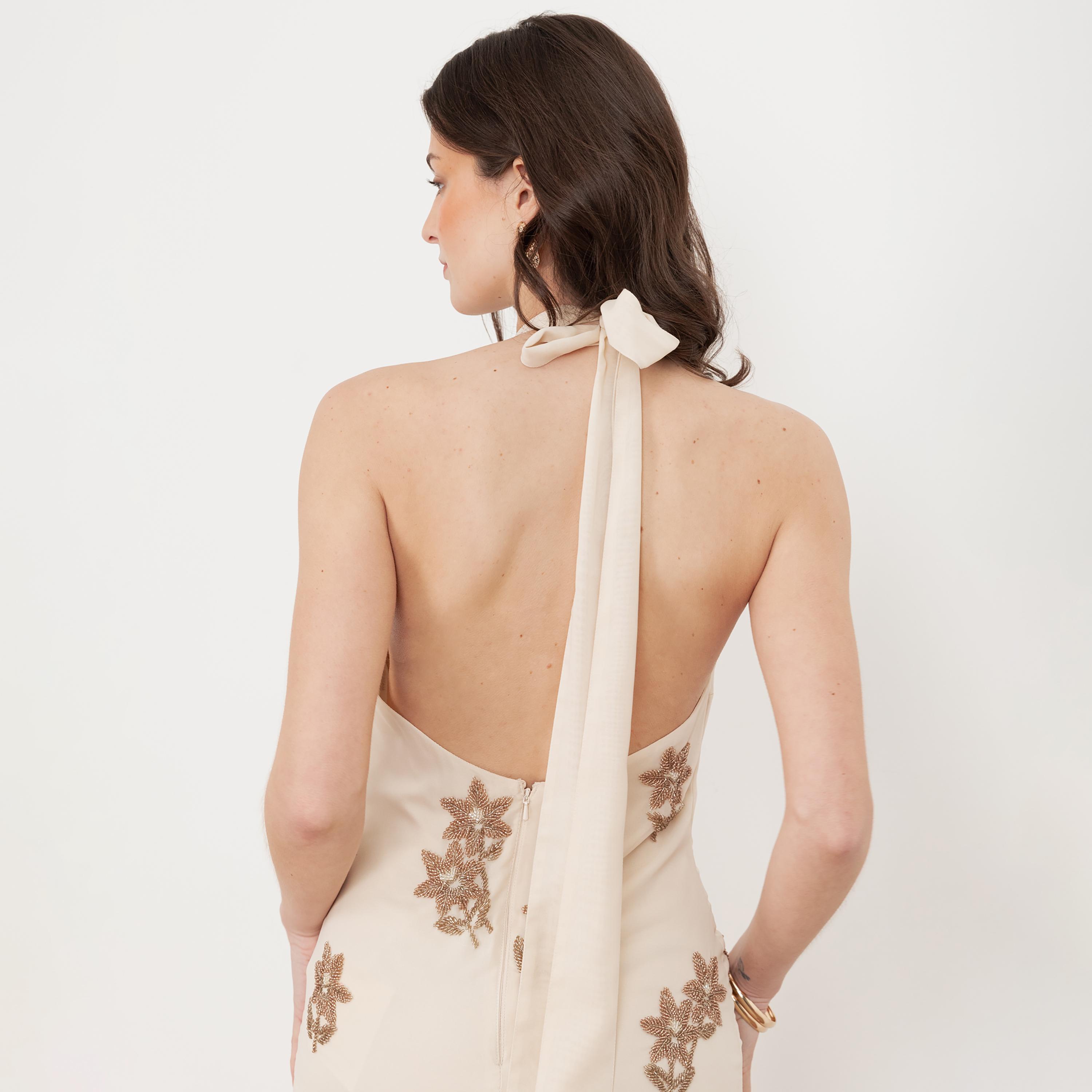 Maya Deluxe Vanilla Beaded Georgette Halter Neck Fit & Flared Women's Midaxi Dress-women-clothing-dresses-image-5