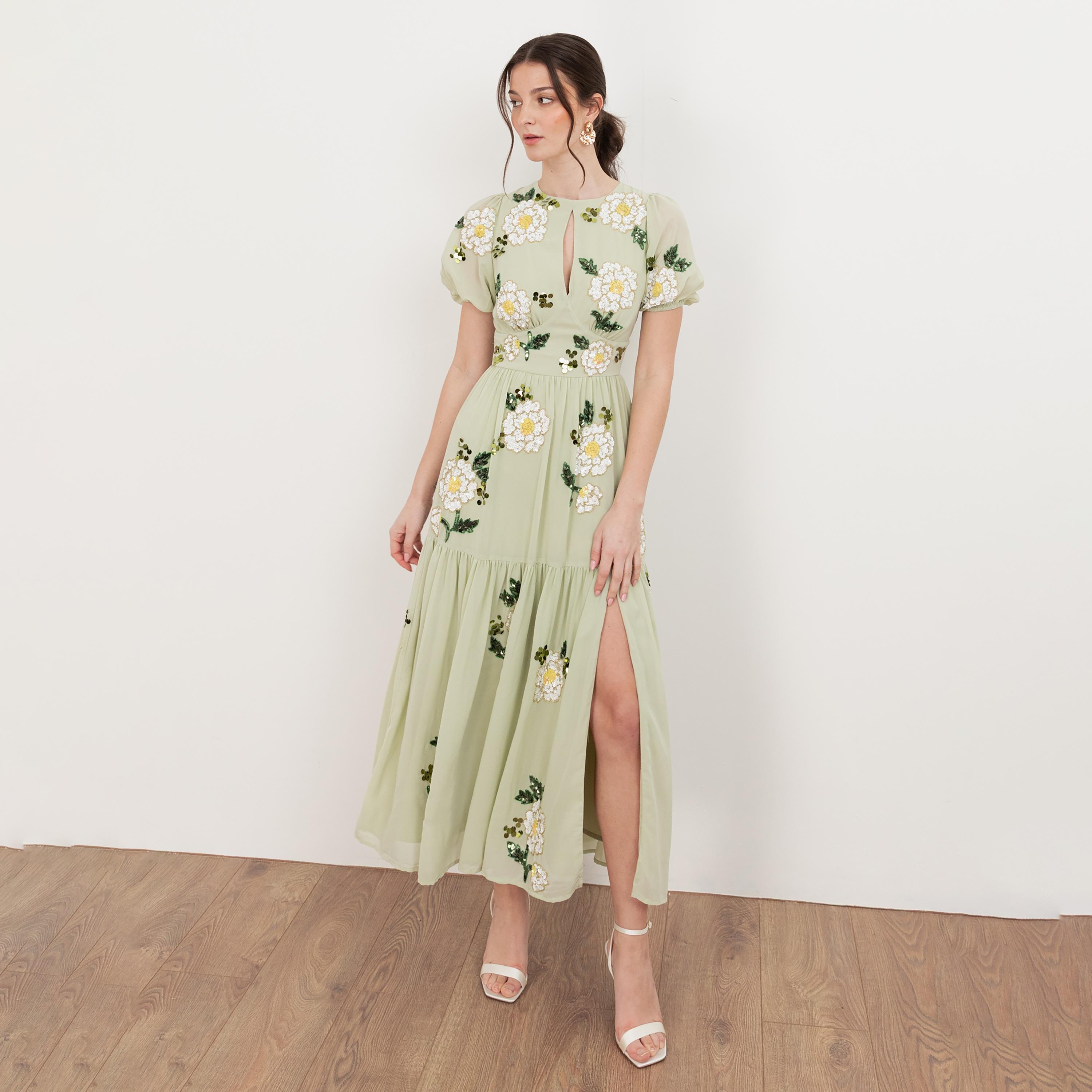 Maya Deluxe Meadow Green Sequined & Beaded Georgette Puff Sleeves Slit Tiered Women's Midaxi Dress-women-clothing-dresses-image-1