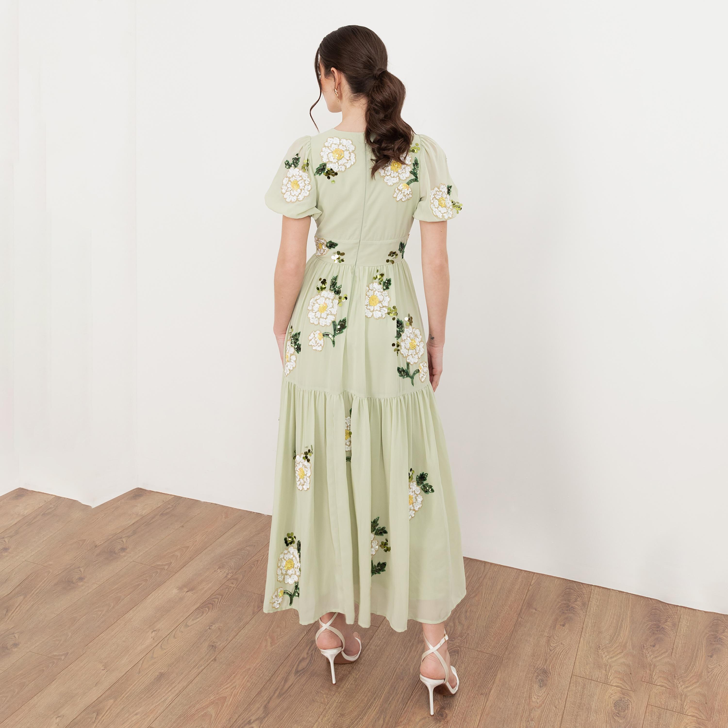 Maya Deluxe Meadow Green Sequined & Beaded Georgette Puff Sleeves Slit Tiered Women's Midaxi Dress-women-clothing-dresses-image-2