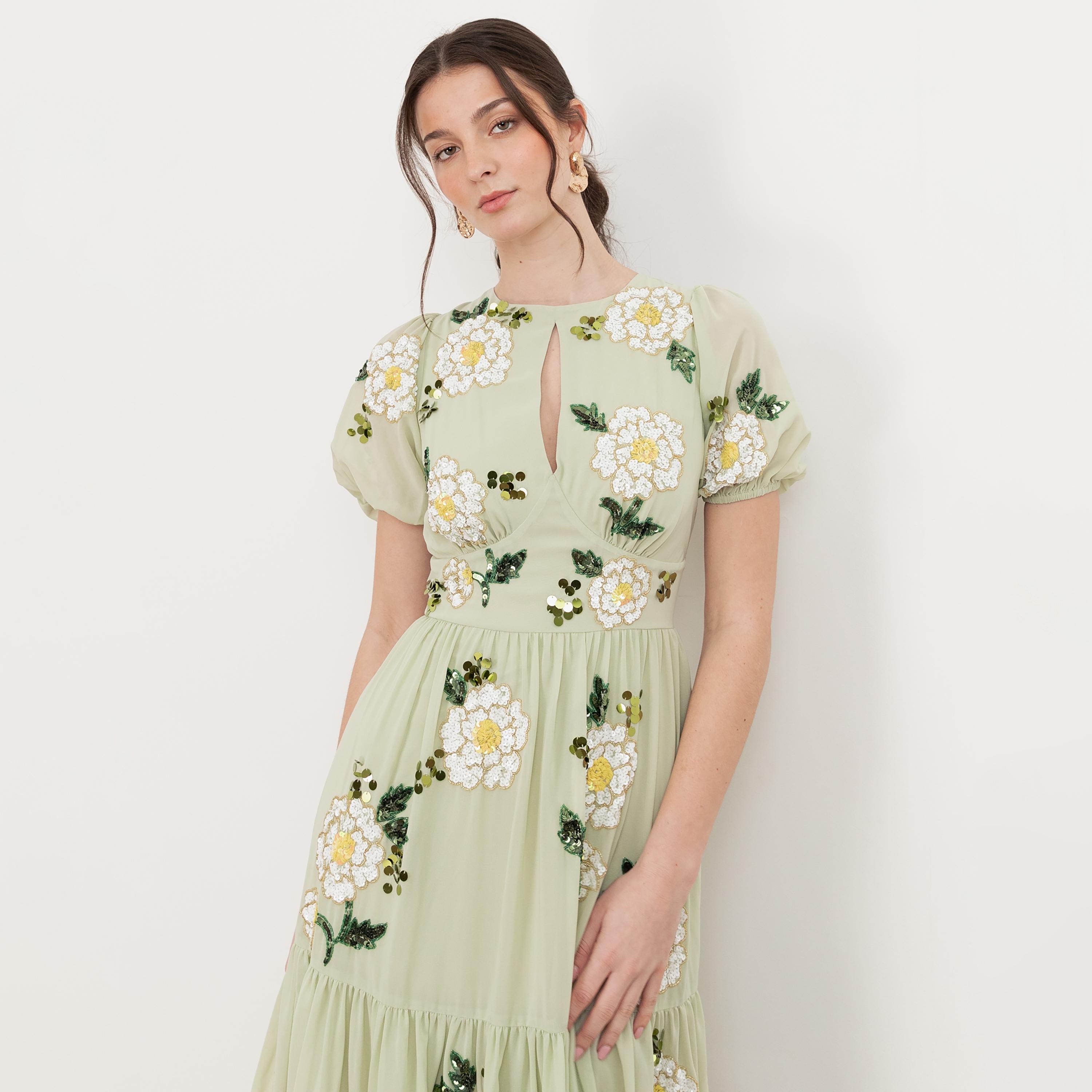 Maya Deluxe Meadow Green Sequined & Beaded Georgette Puff Sleeves Slit Tiered Women's Midaxi Dress-women-clothing-dresses-image-3