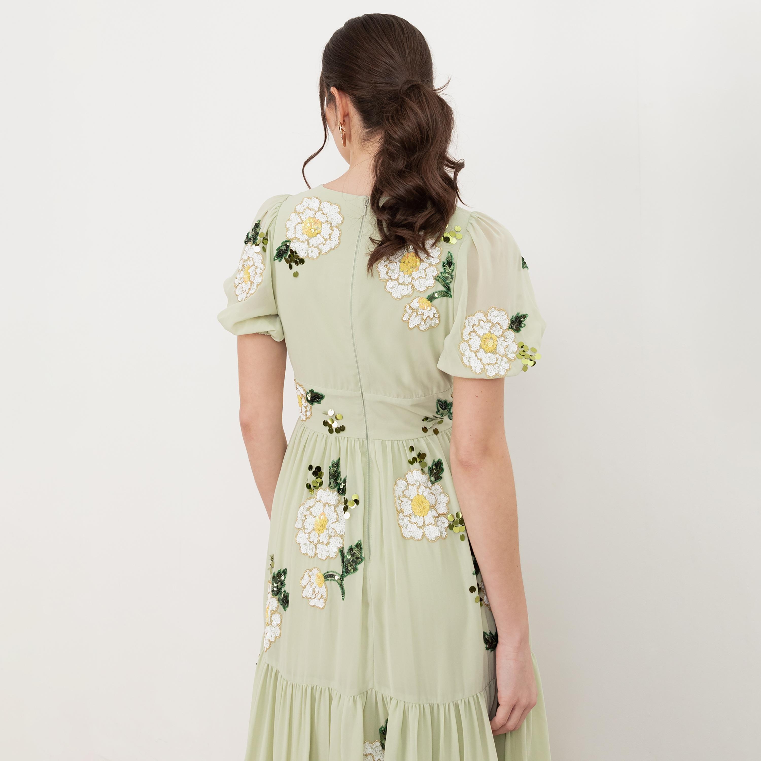 Maya Deluxe Meadow Green Sequined & Beaded Georgette Puff Sleeves Slit Tiered Women's Midaxi Dress-women-clothing-dresses-image-5