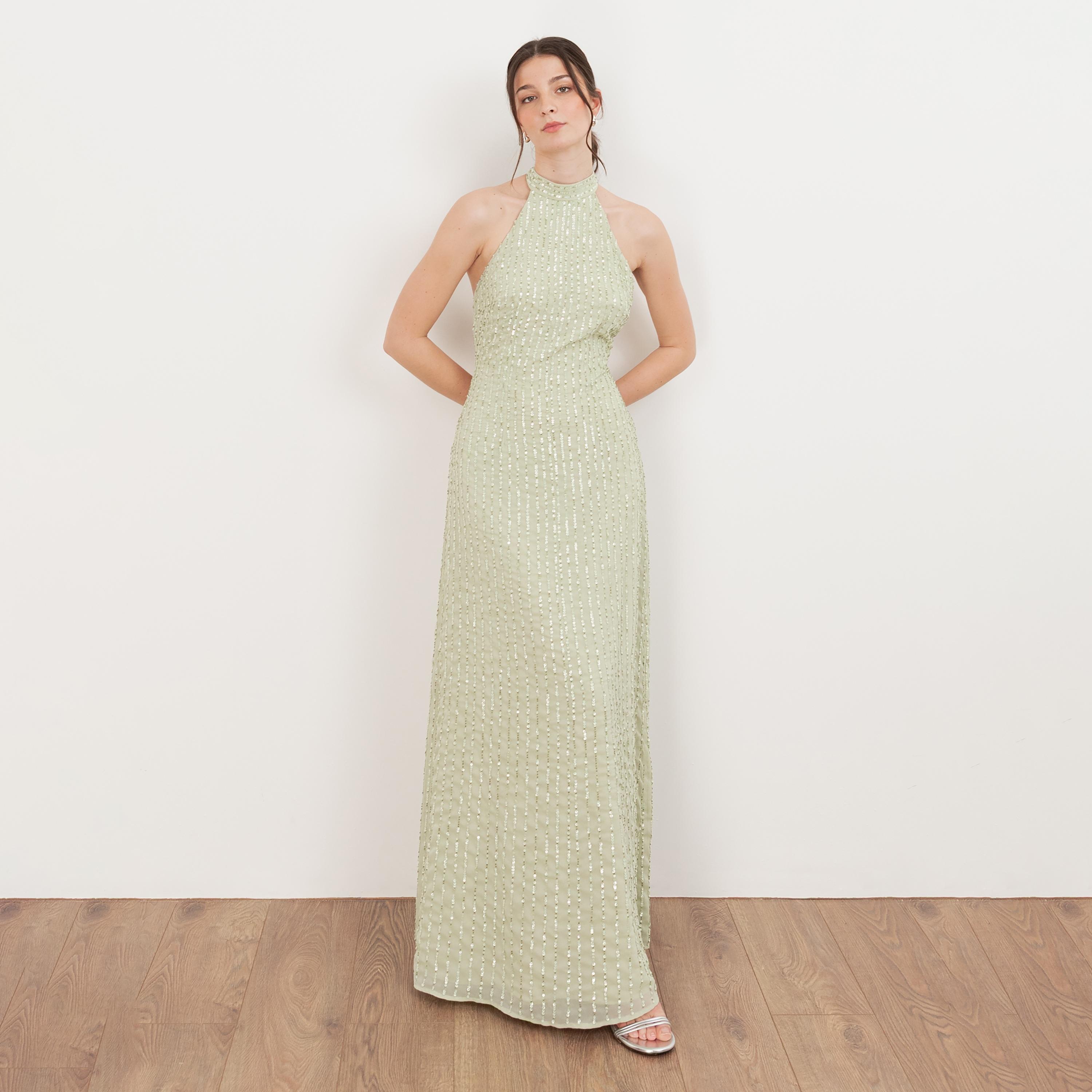 Maya Deluxe Sequined Georgette Halter Neck Women's Evening Maxi Dress-women-clothing-dresses-image-1
