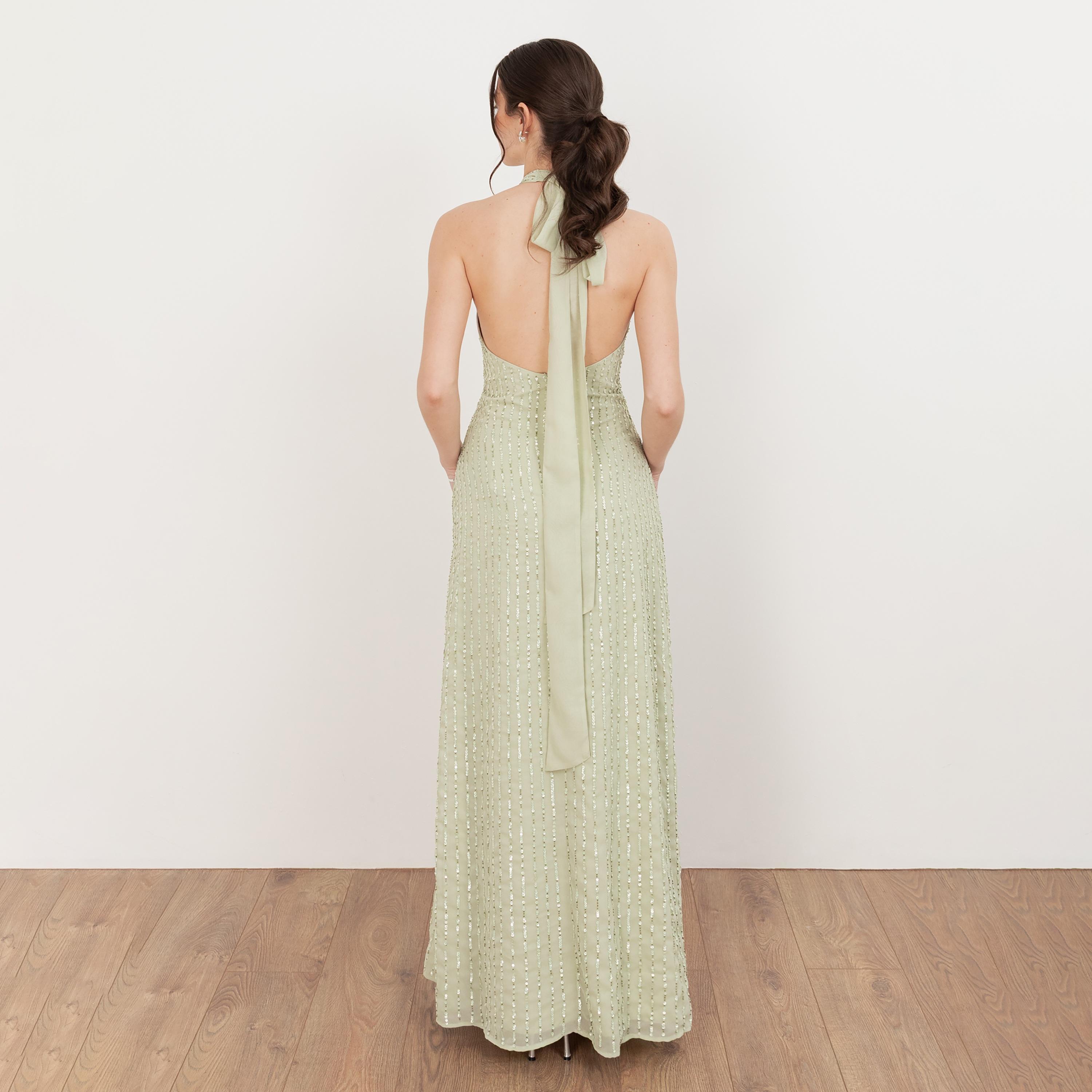 Maya Deluxe Sequined Georgette Halter Neck Women's Evening Maxi Dress-women-clothing-dresses-image-2