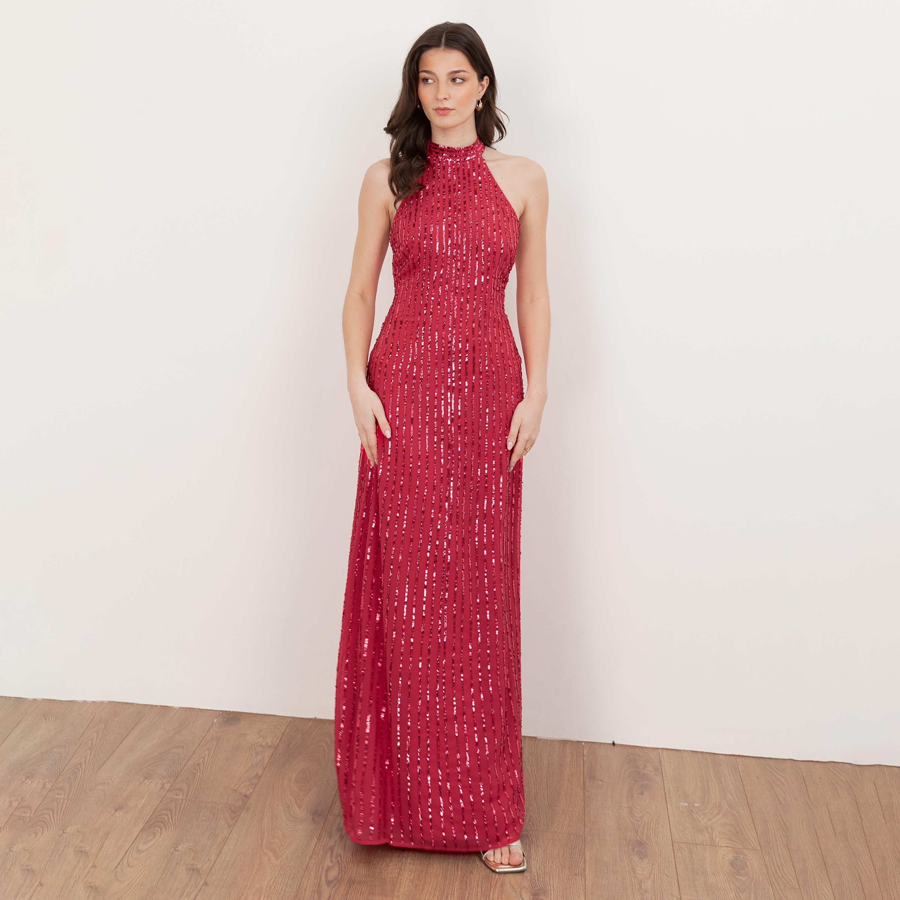 Maya Deluxe Sequined Georgette Halter Neck Women's Evening Maxi Dress-women-clothing-dresses-image-1