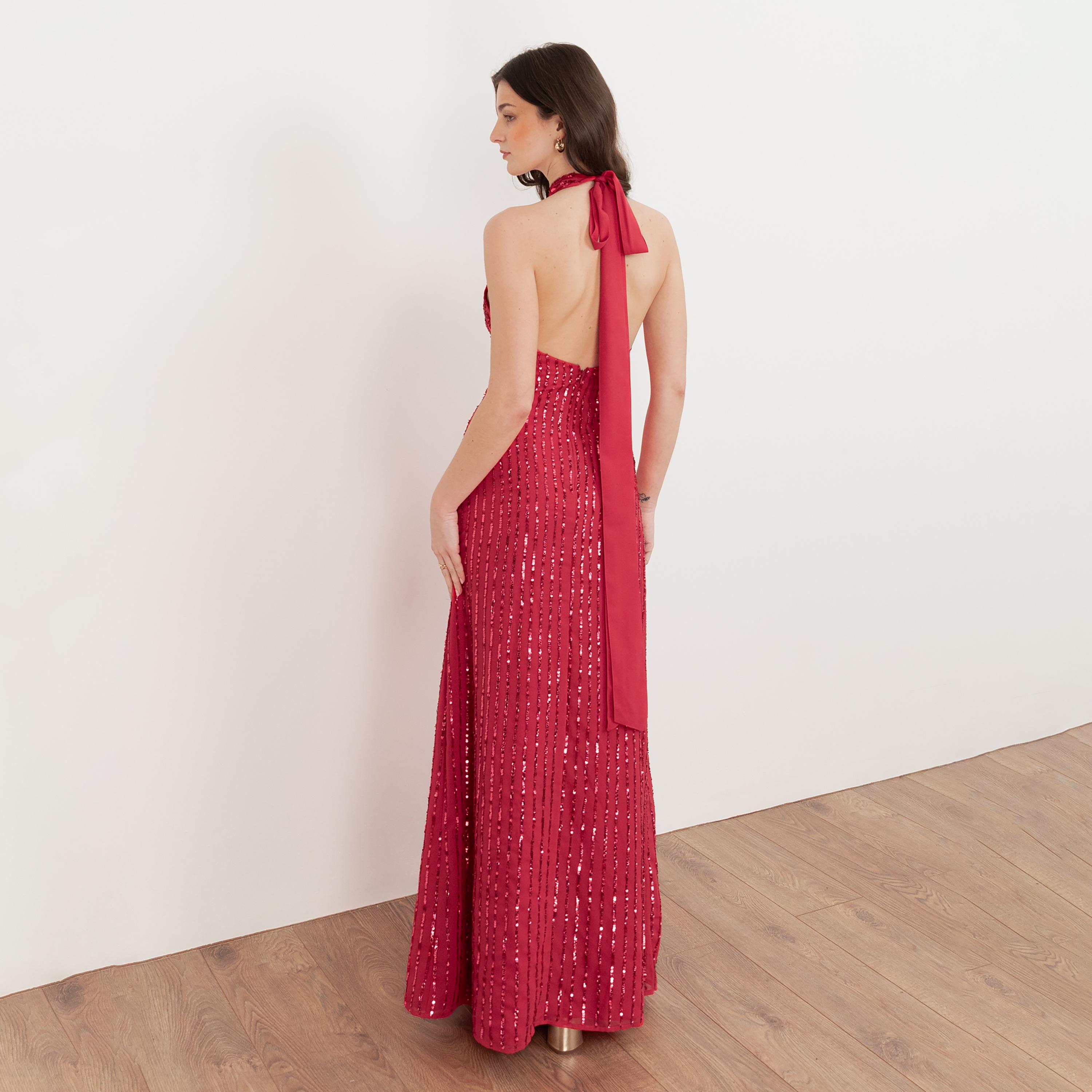 Maya Deluxe Sequined Georgette Halter Neck Women's Evening Maxi Dress-women-clothing-dresses-image-2