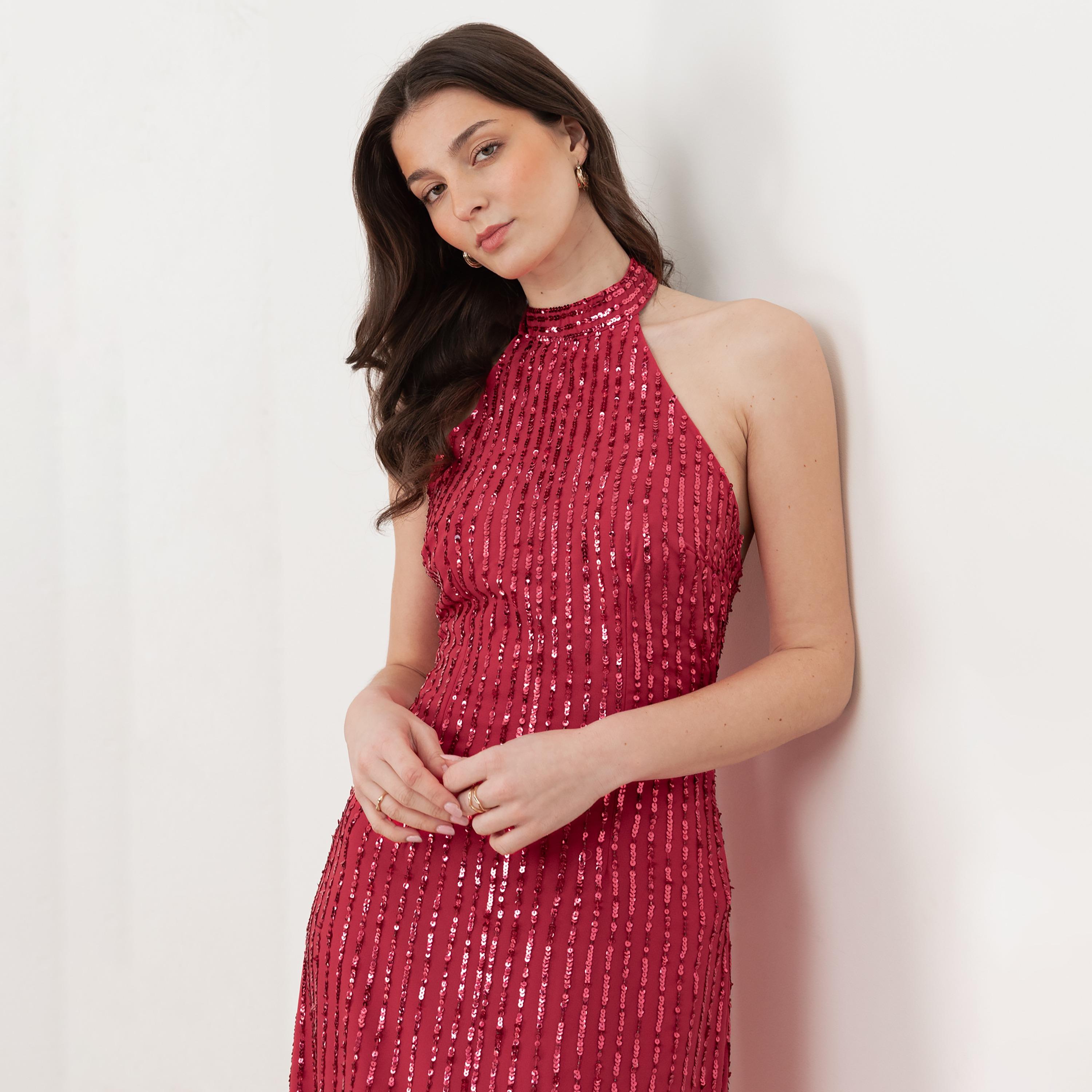 Maya Deluxe Sequined Georgette Halter Neck Women's Evening Maxi Dress-women-clothing-dresses-image-3