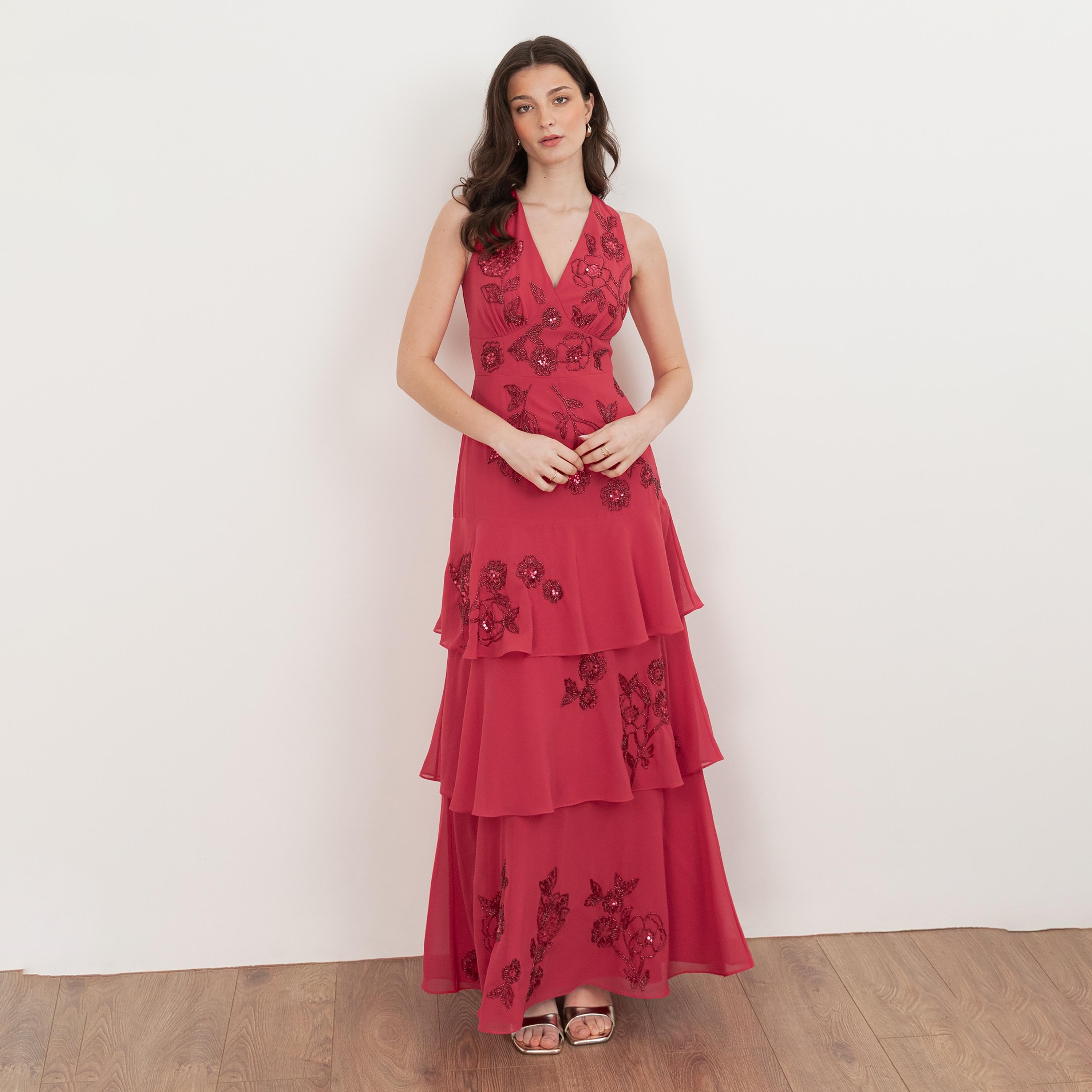 Maya Deluxe Hot Pink Beaded Tulle Layered Women's Evening Maxi Dress-women-clothing-dresses-image-1