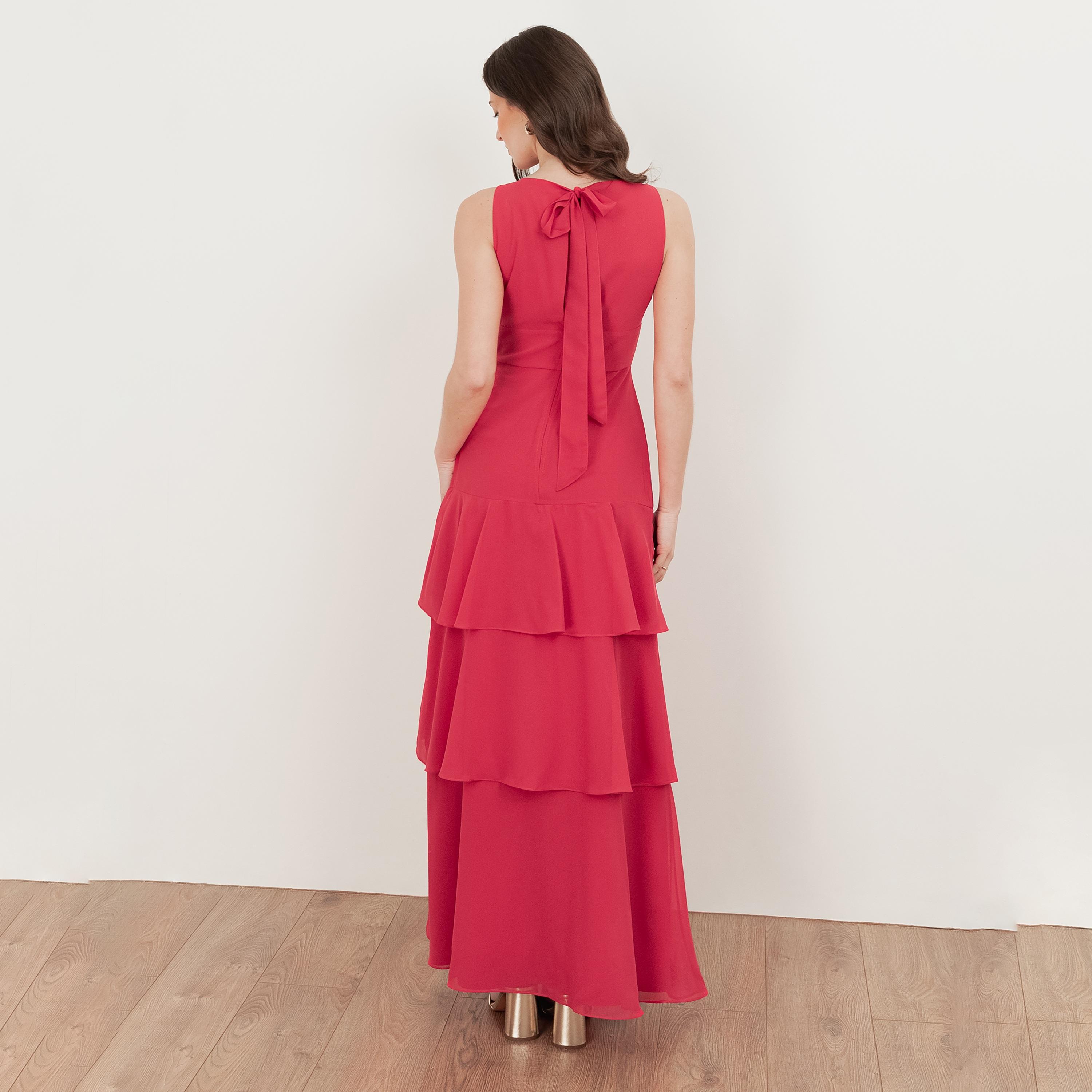 Maya Deluxe Hot Pink Beaded Tulle Layered Women's Evening Maxi Dress-women-clothing-dresses-image-2