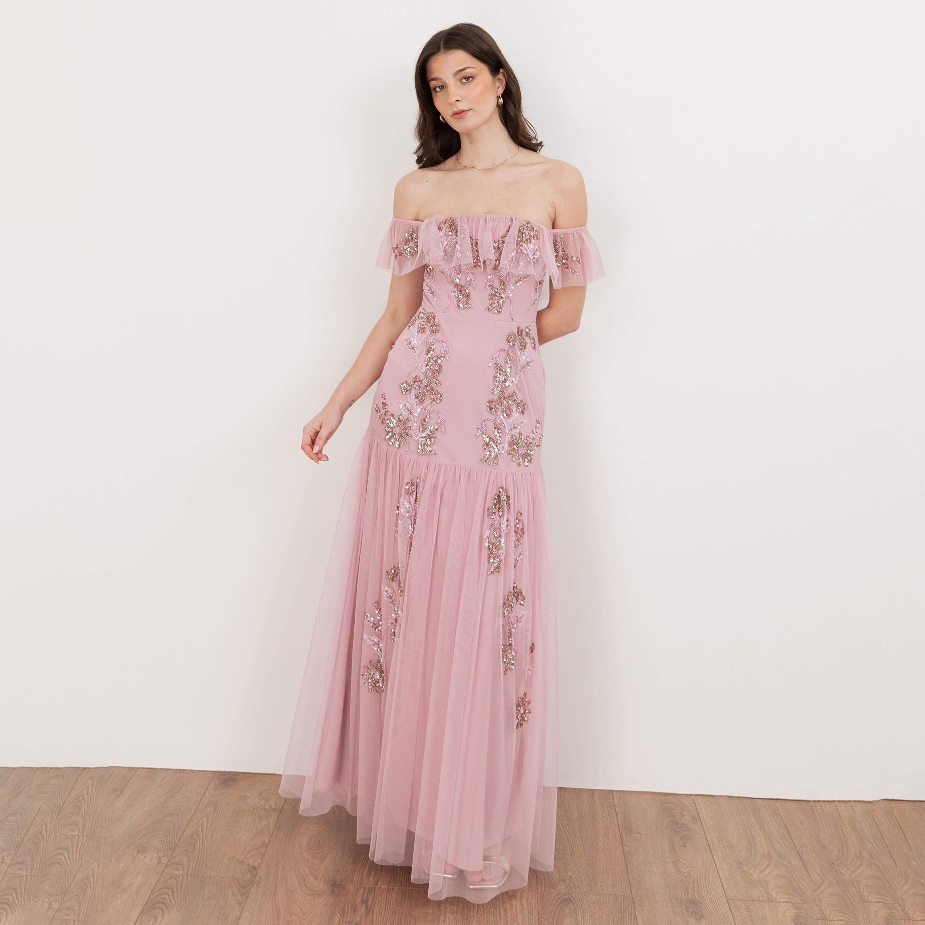 Maya Deluxe Soft Pink Beaded Tulle Off-Shoulder Fit & Flared Women's Evening Maxi Dress-women-clothing-dresses-image-1