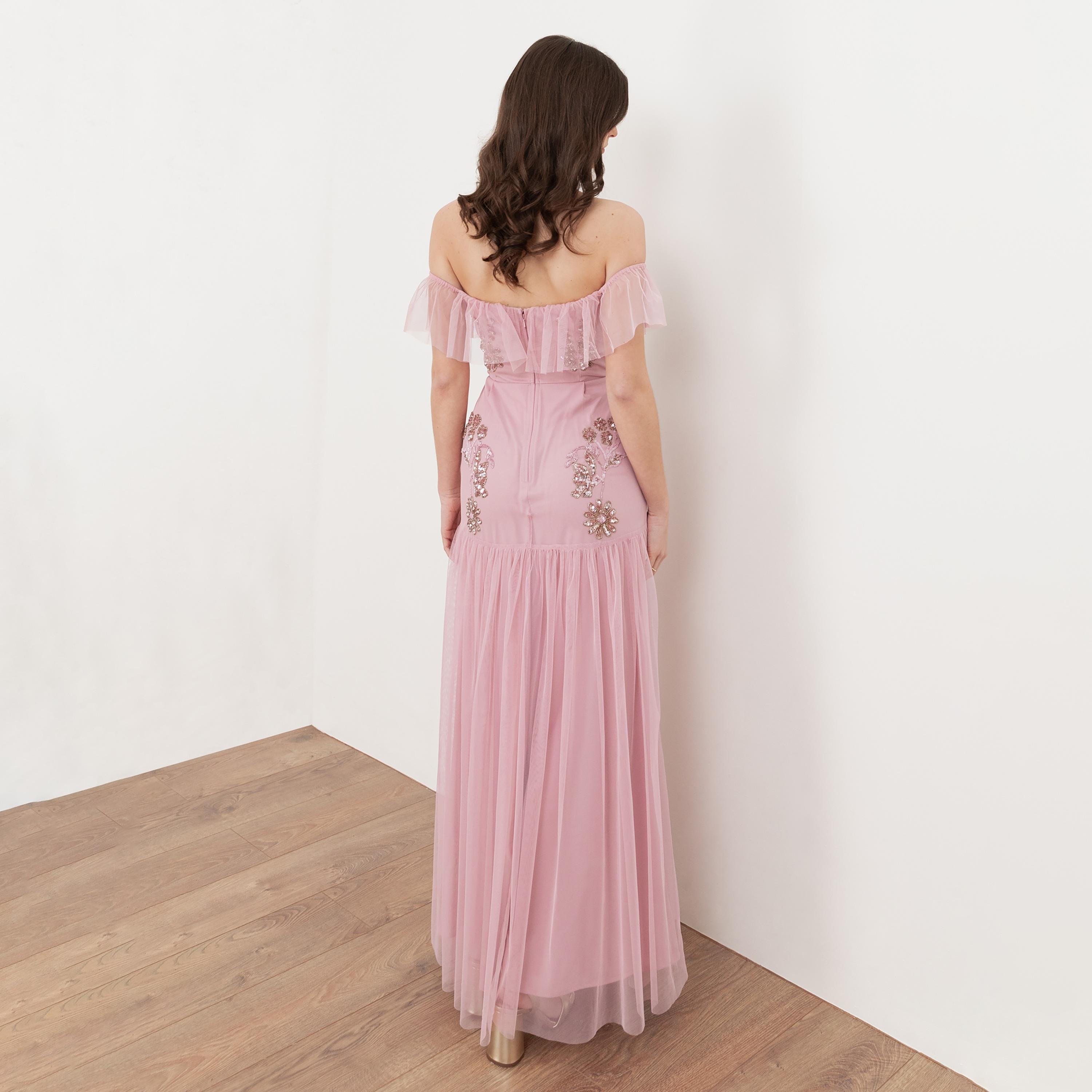 Maya Deluxe Soft Pink Beaded Tulle Off-Shoulder Fit & Flared Women's Evening Maxi Dress-women-clothing-dresses-image-2