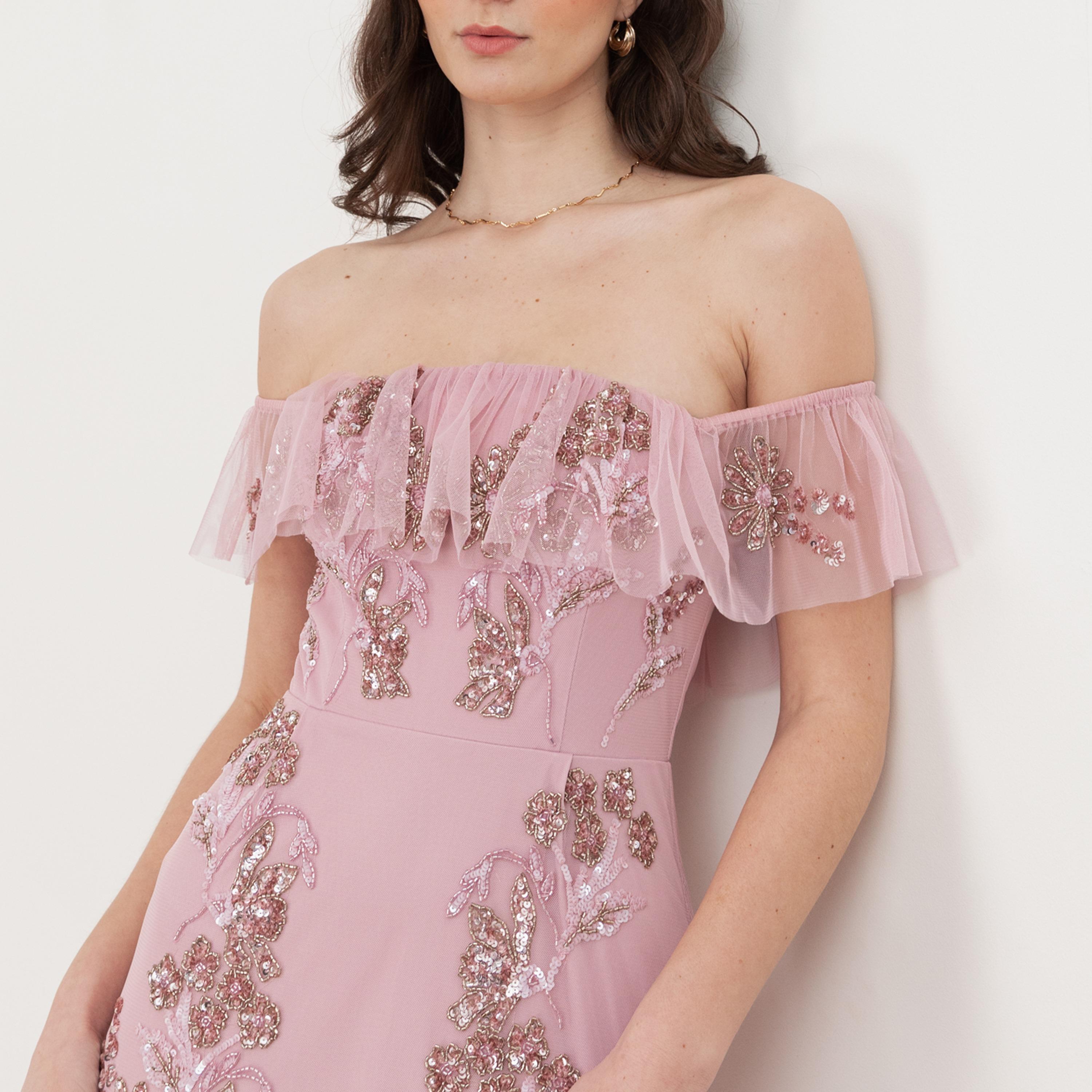 Maya Deluxe Soft Pink Beaded Tulle Off-Shoulder Fit & Flared Women's Evening Maxi Dress-women-clothing-dresses-image-3