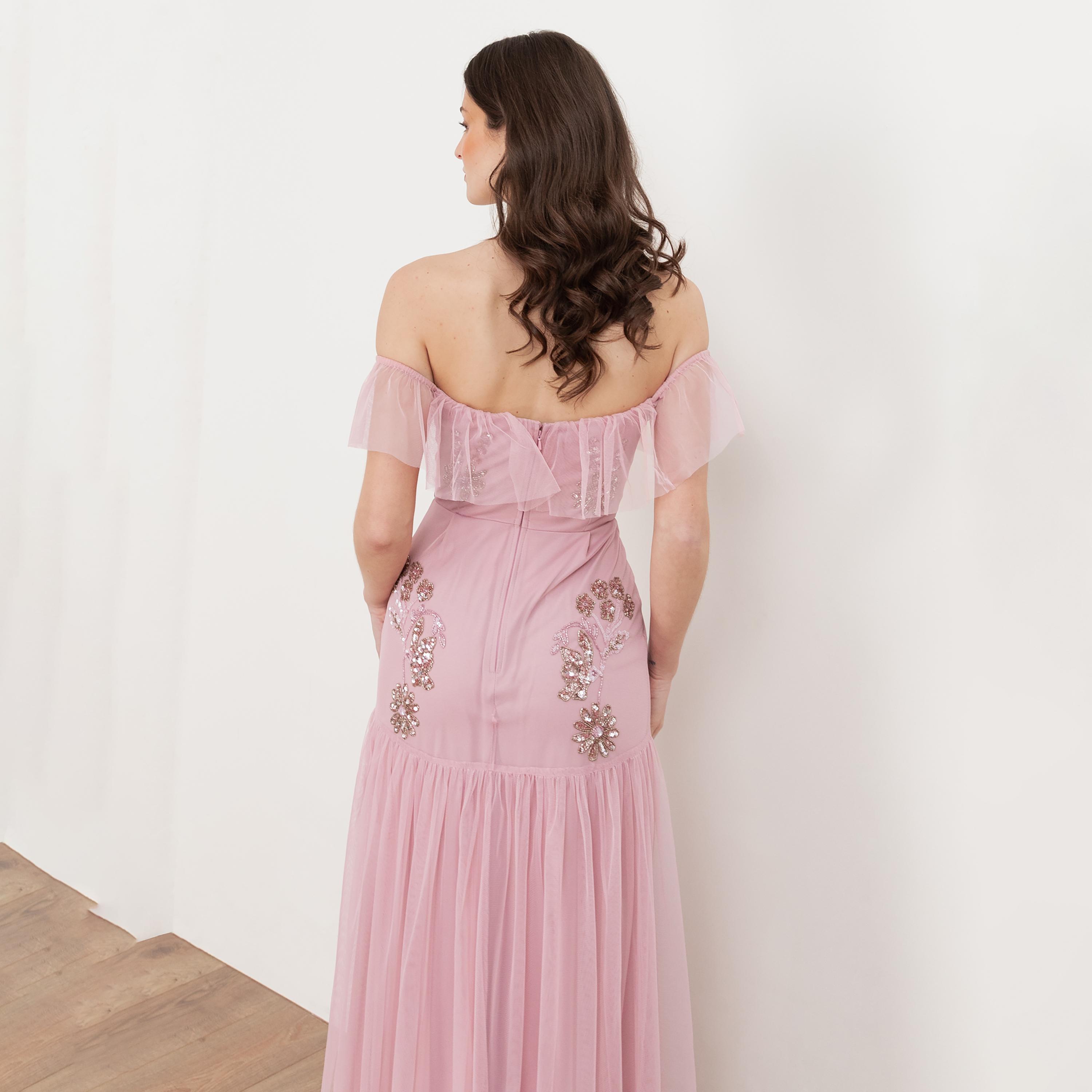 Maya Deluxe Soft Pink Beaded Tulle Off-Shoulder Fit & Flared Women's Evening Maxi Dress-women-clothing-dresses-image-4