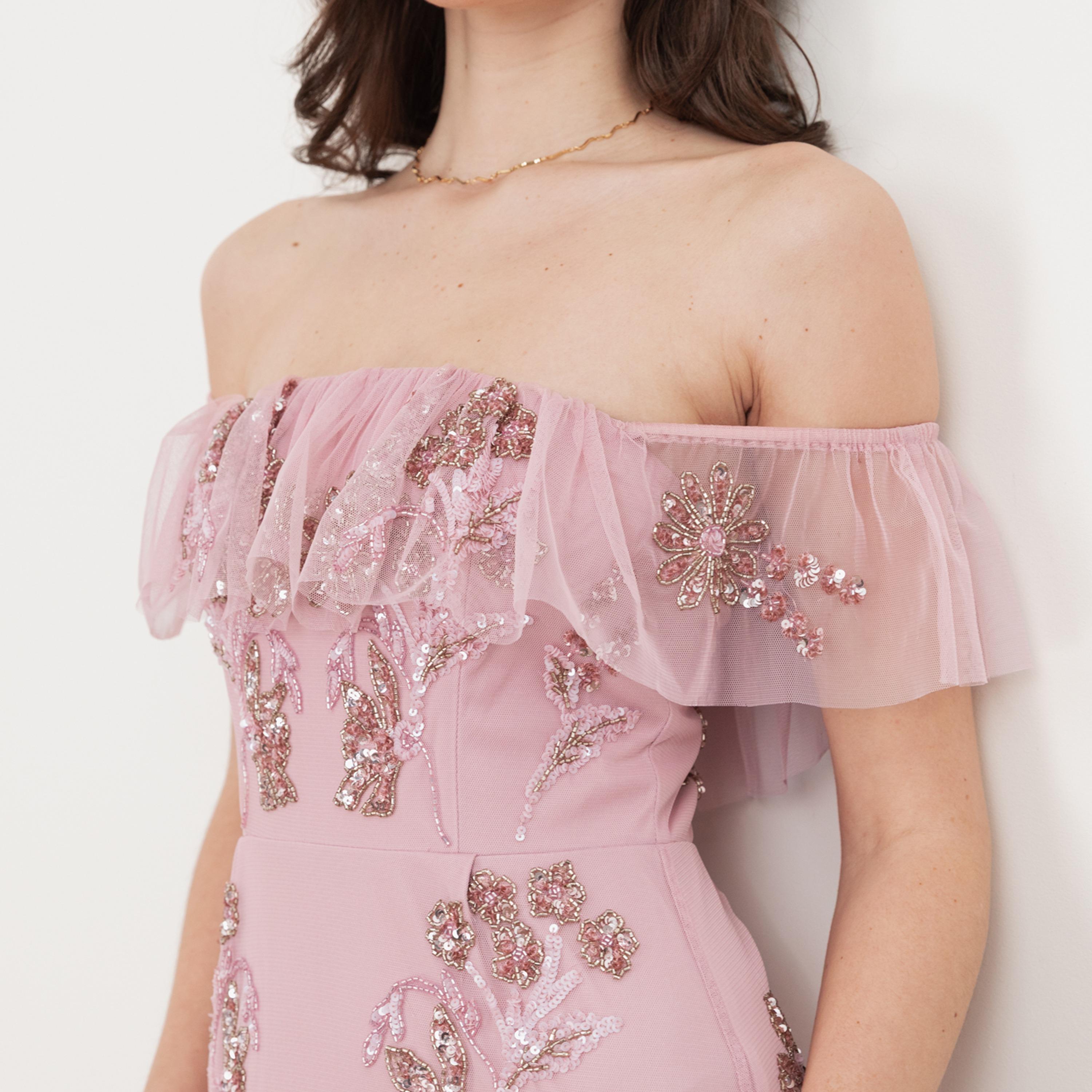 Maya Deluxe Soft Pink Beaded Tulle Off-Shoulder Fit & Flared Women's Evening Maxi Dress-women-clothing-dresses-image-5